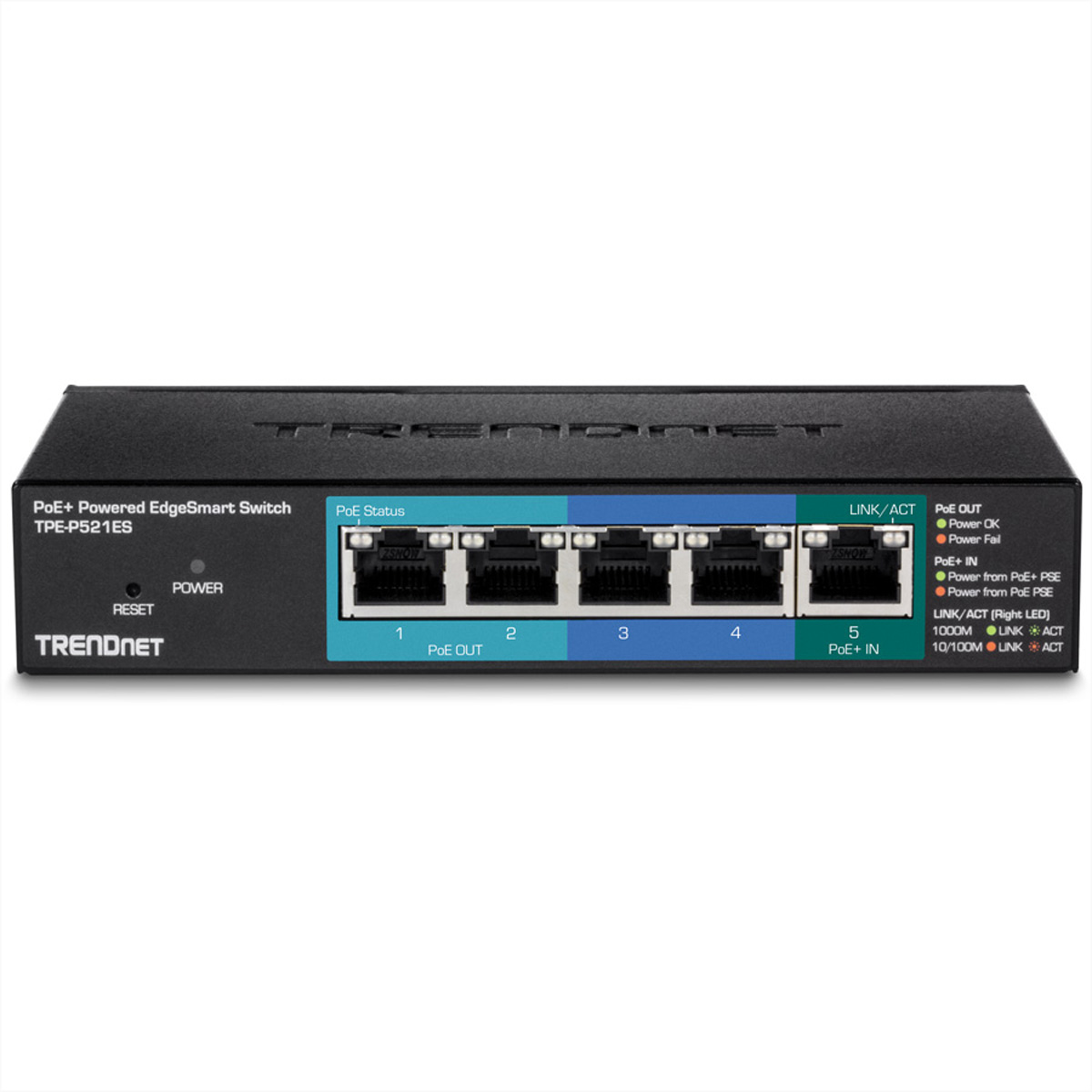 Ein schwarzer und blauer Netzwerk-Switch mit Anschlüssen und LEDs, Marke TRENDnet.