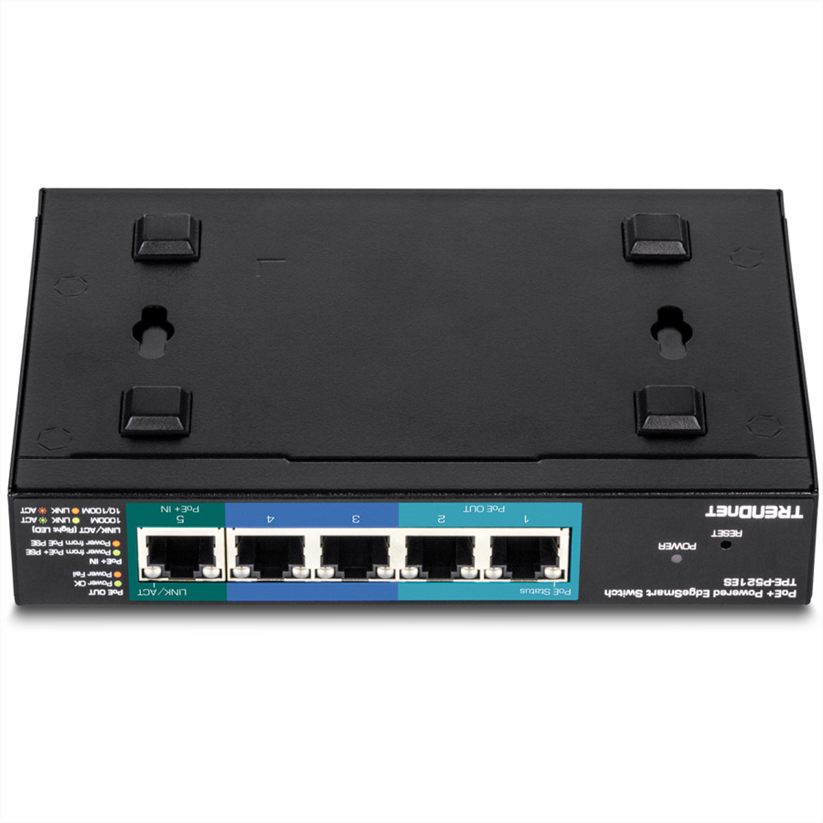 Ein schwarzer Netzwerk-Switch mit mehreren Anschlüssen und LED-Anzeigen.