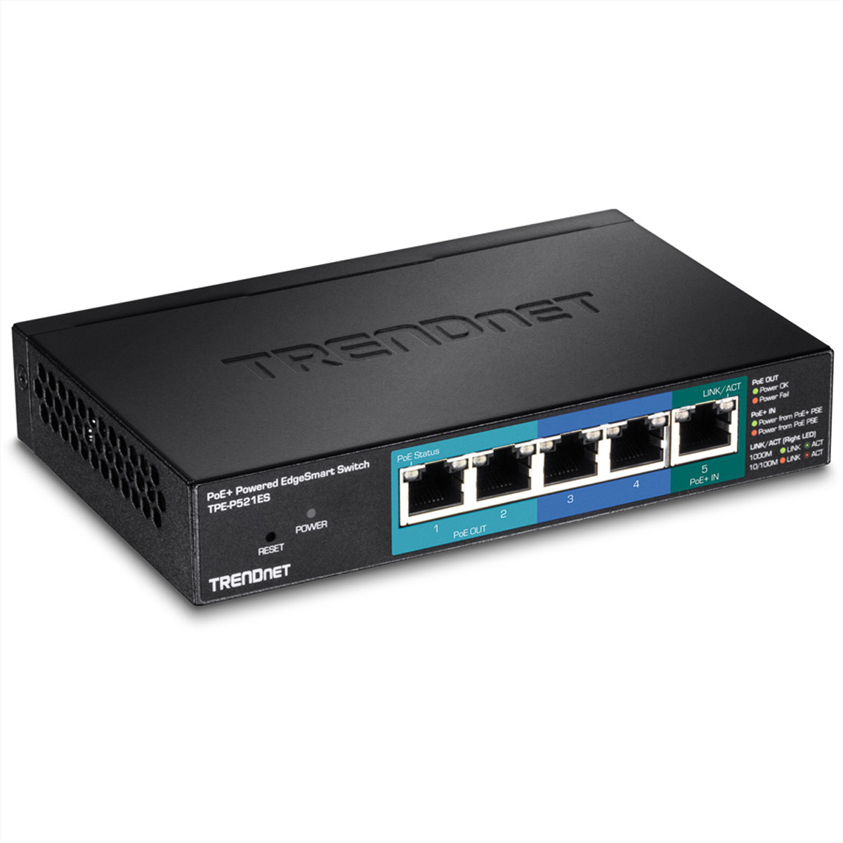 Schwarzer TRENDnet PoE+ Powered EdgeSmart Switch. Vorderansicht des Geräts.