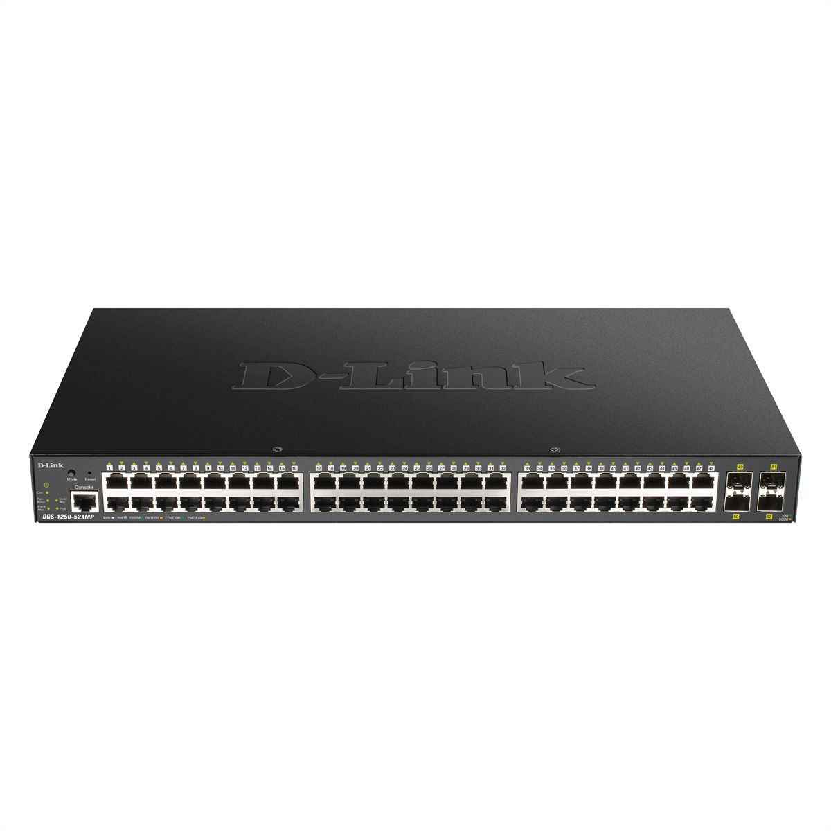 Uno switch di rete nero con numerose porte.