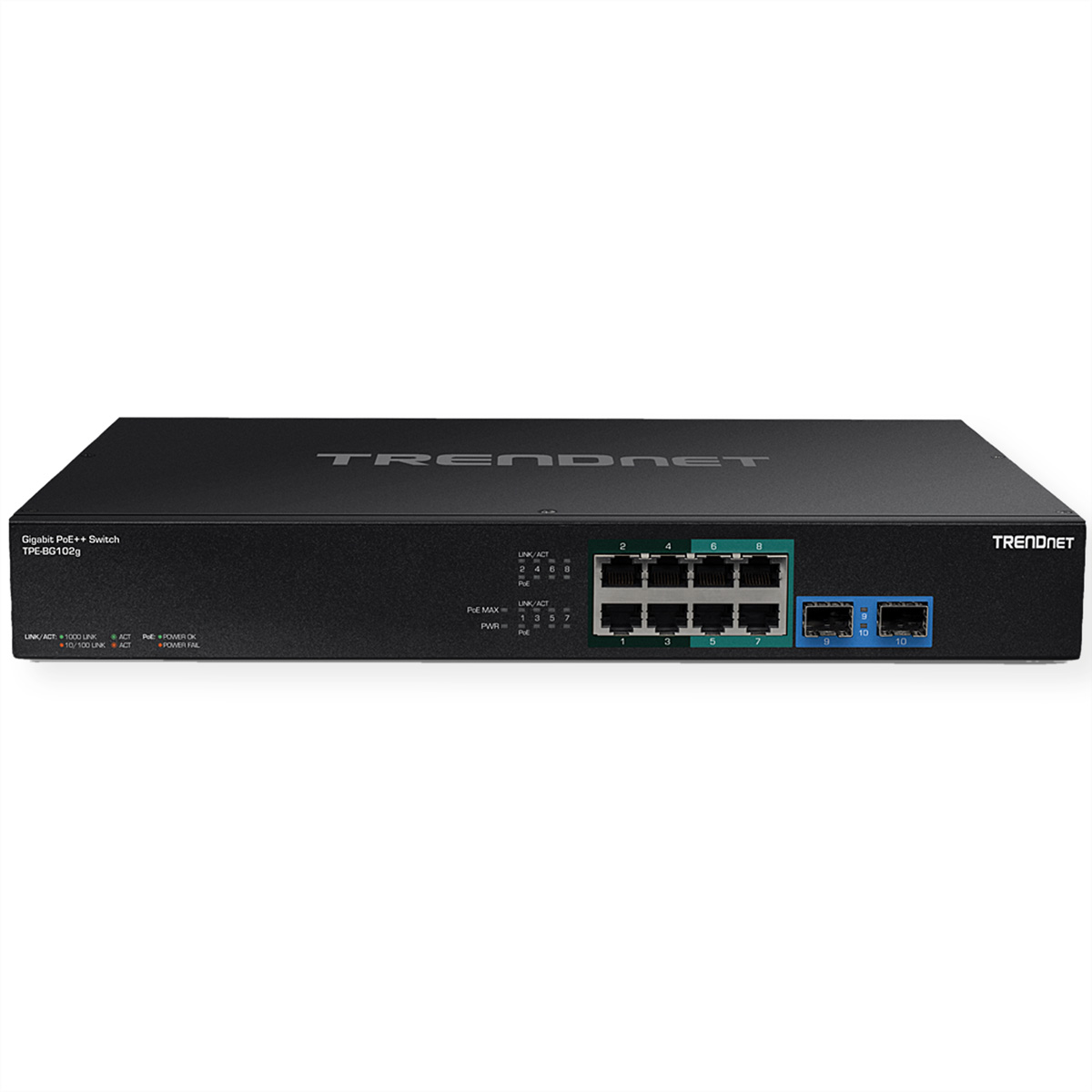 Schwarzer TRENDnet Gigabyte PoE++ Switch. Frontanschlüsse und Beschriftungen. Weißer Hintergrund, isoliert.