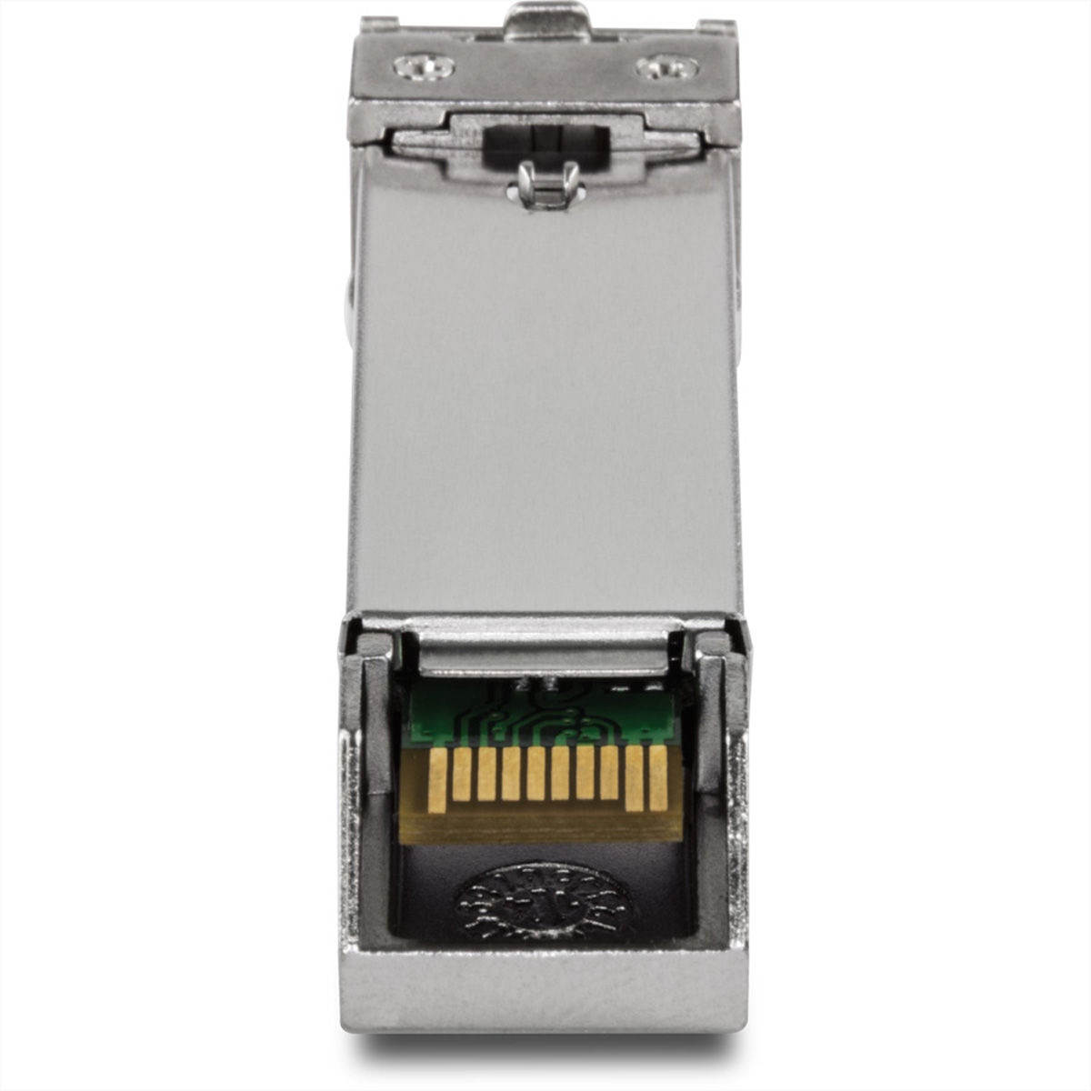 Silbernes SFP-Transceiver-Modul mit grüner Leiterplatte im Inneren sichtbar.