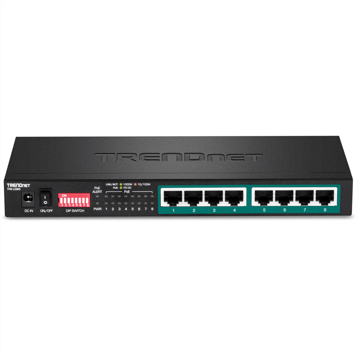 Zwarte TRENDnet netwerkswitch met acht poorten, labels en stroomindicatoren.