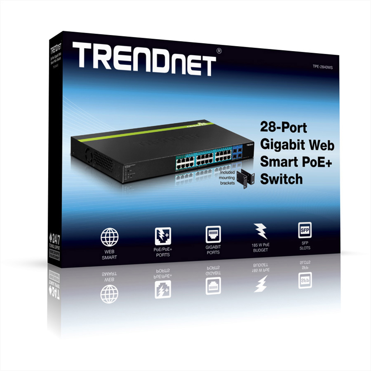 Una scatola bianca e nera con il logo TRENDnet e uno switch a 28 porte.