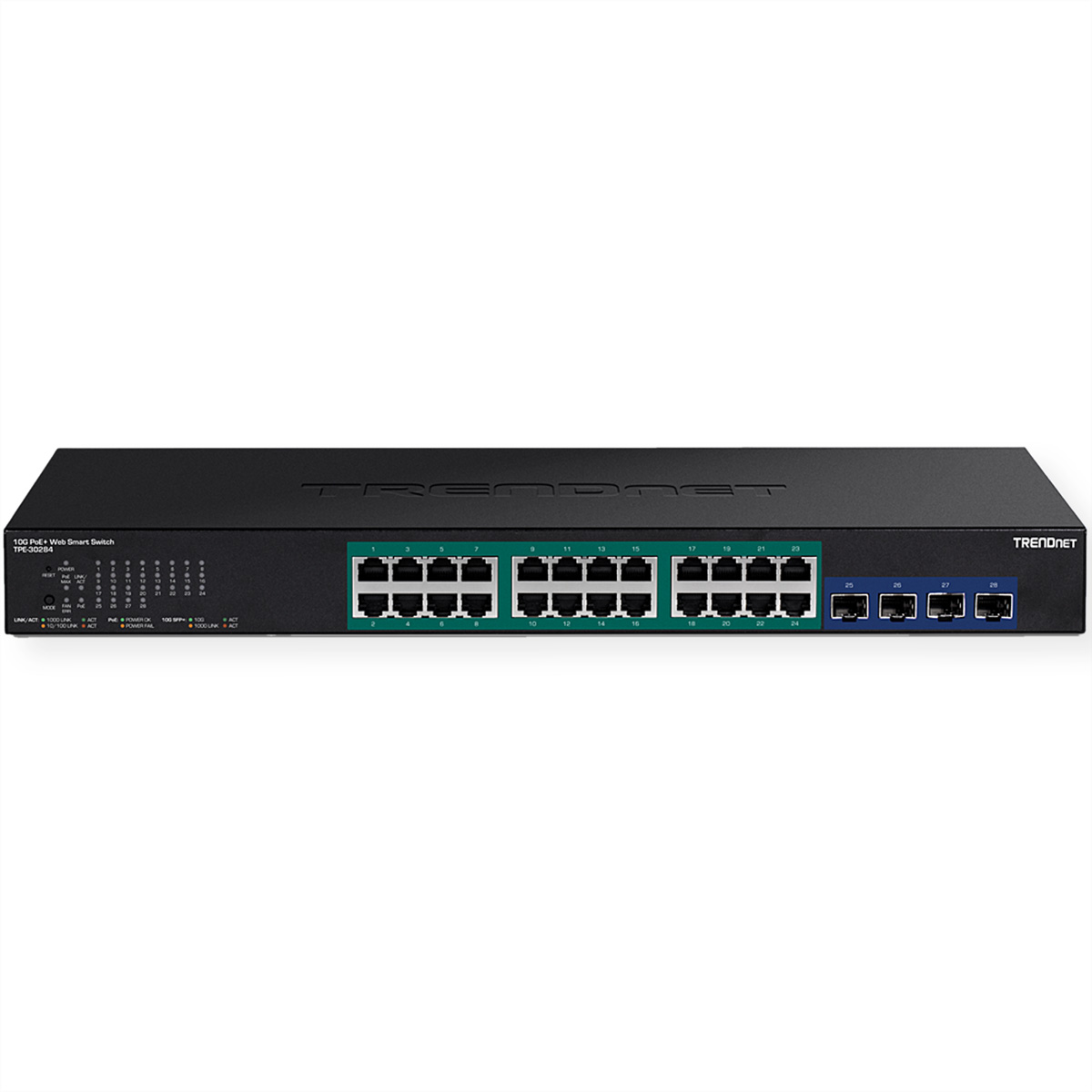 Zwarte Trendnet switch met meerdere poorten.