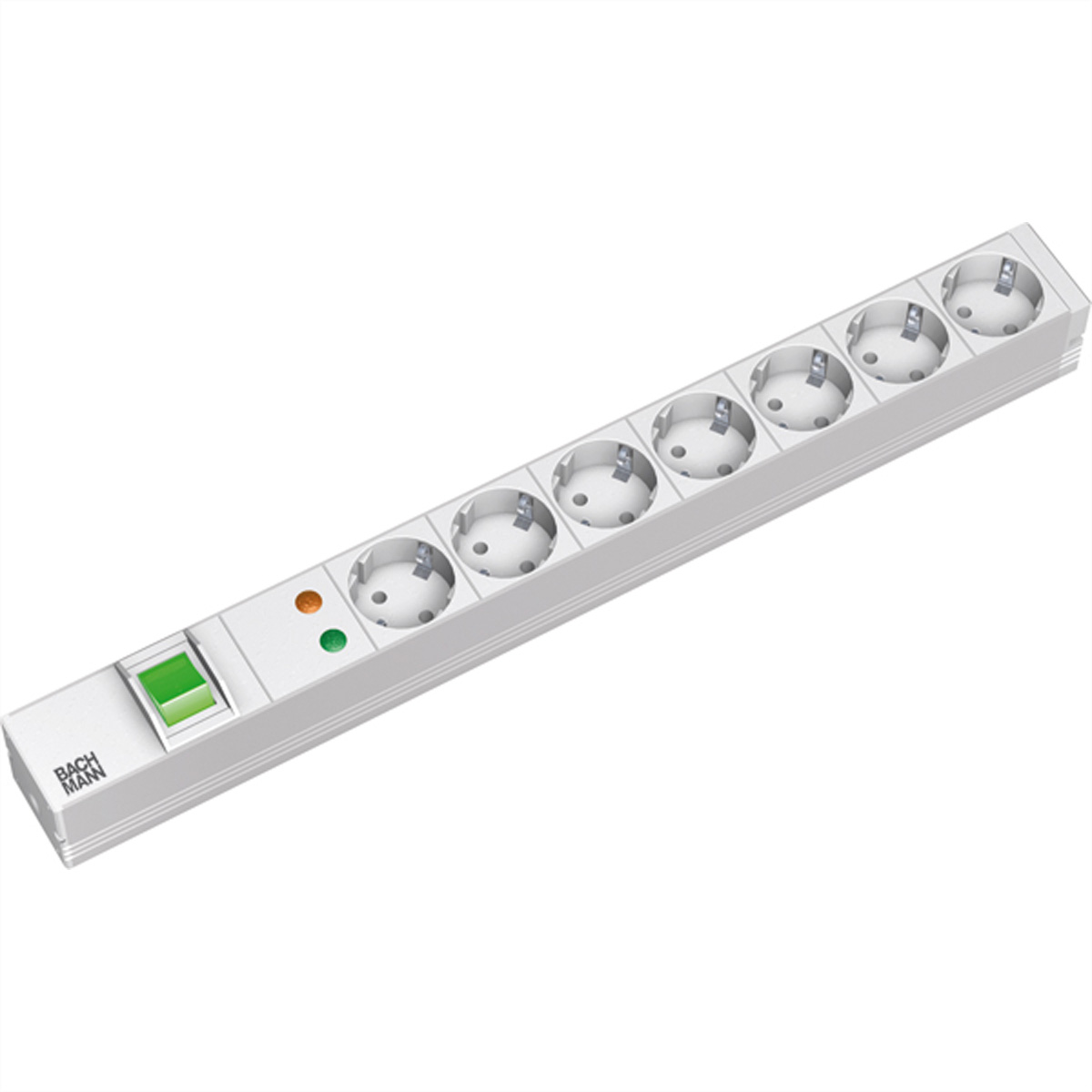 Biała listwa zasilająca z wieloma gniazdami i zielonym przełącznikiem.
