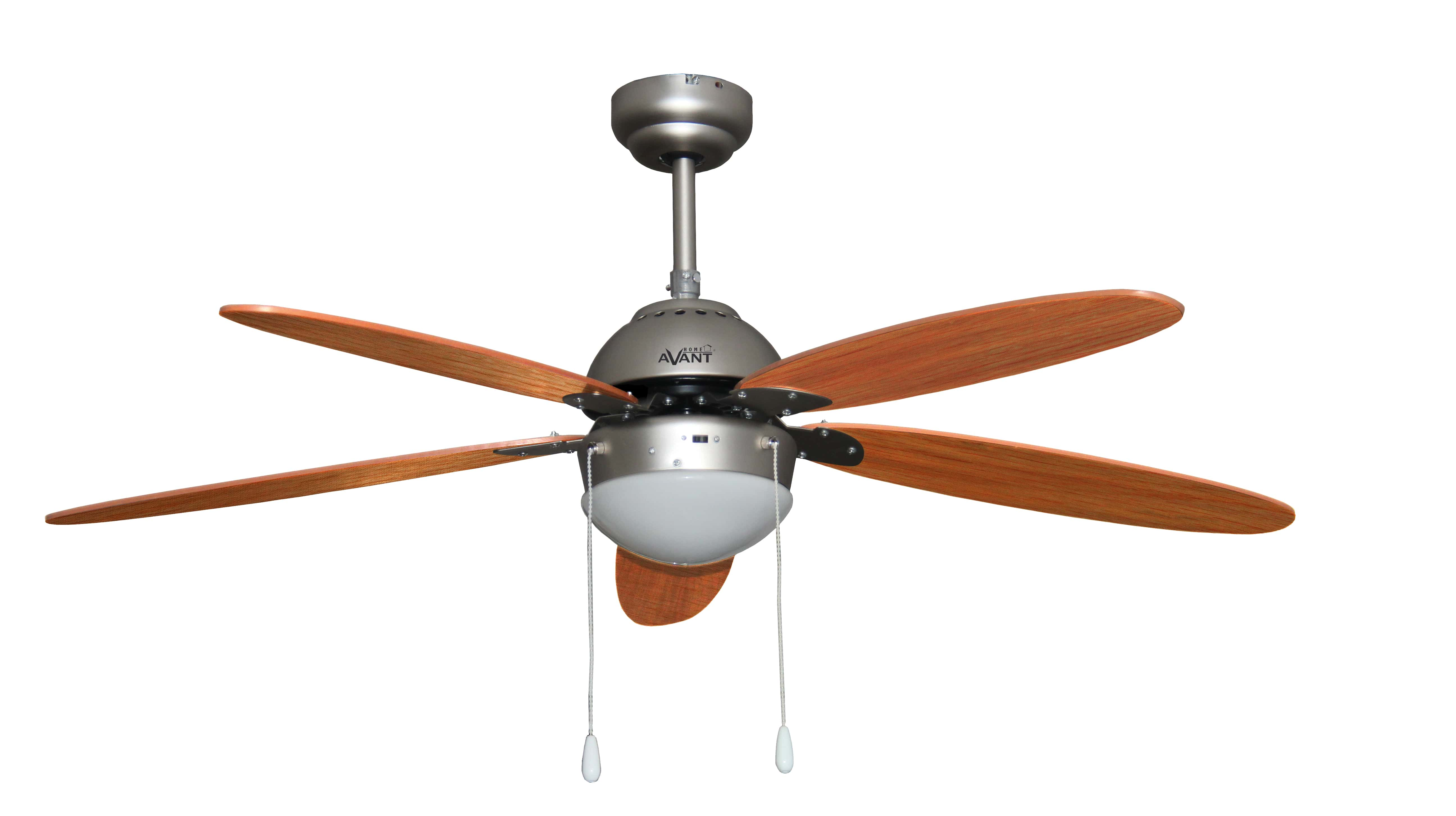 Ventilatore da soffitto con cinque pale in legno, corpo argentato e luce a globo. Sfondo bianco.