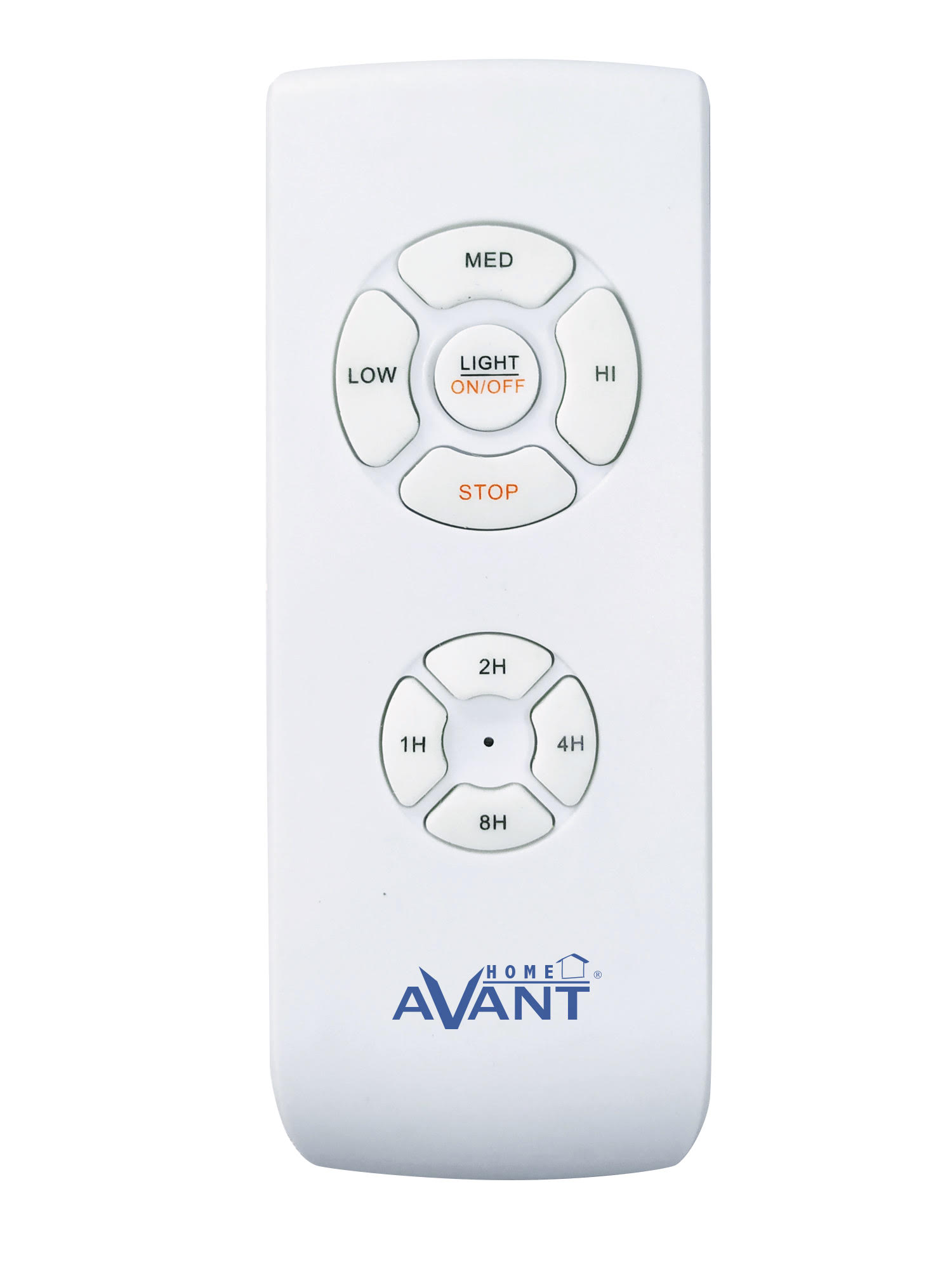Un mando a distancia blanco para ventilador de techo con varios botones, incluyendo luz y temporizador.
