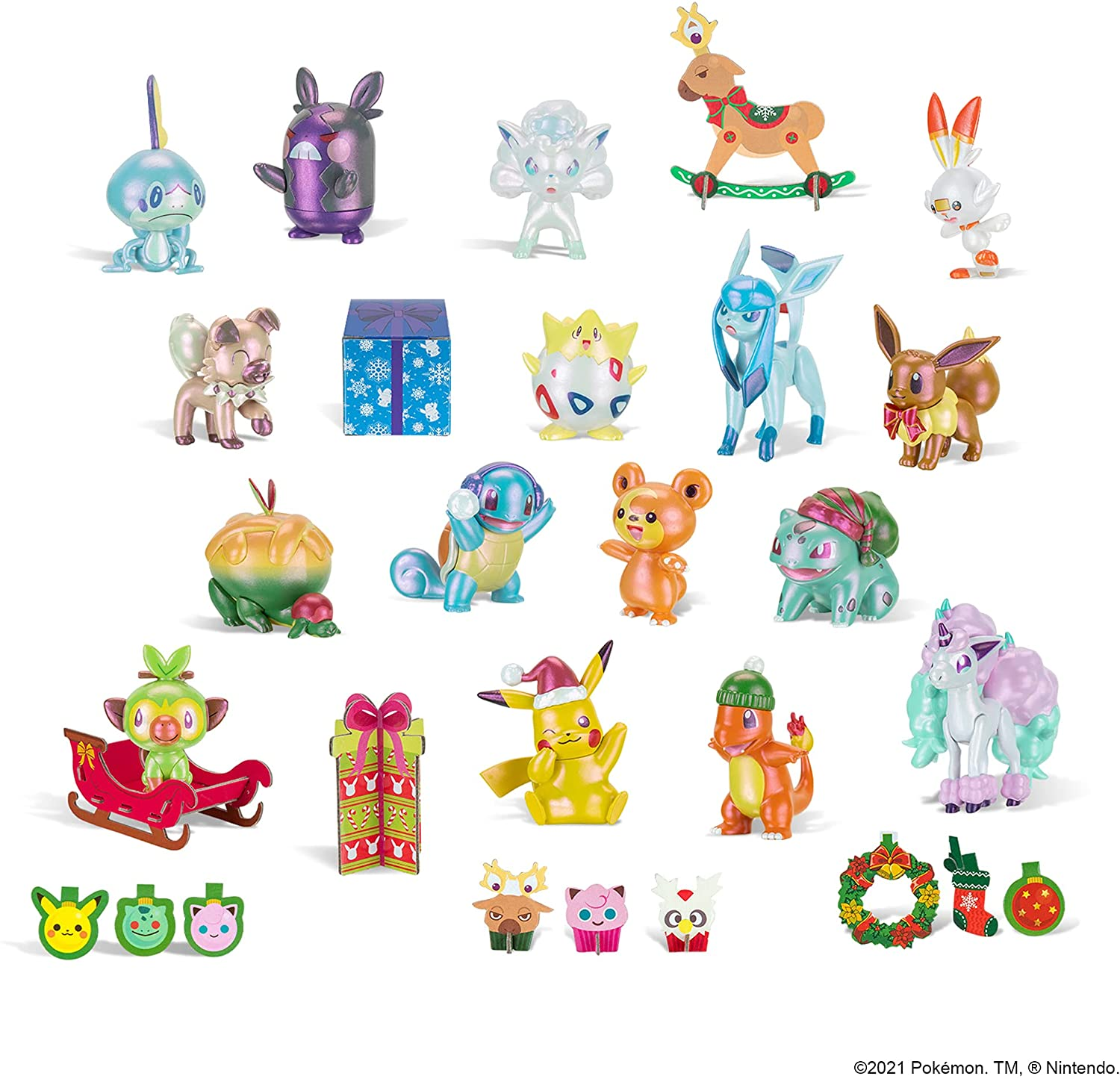 Sammlung von Pokemon-Figuren, verschiedene Posen, auf weißem Hintergrund.