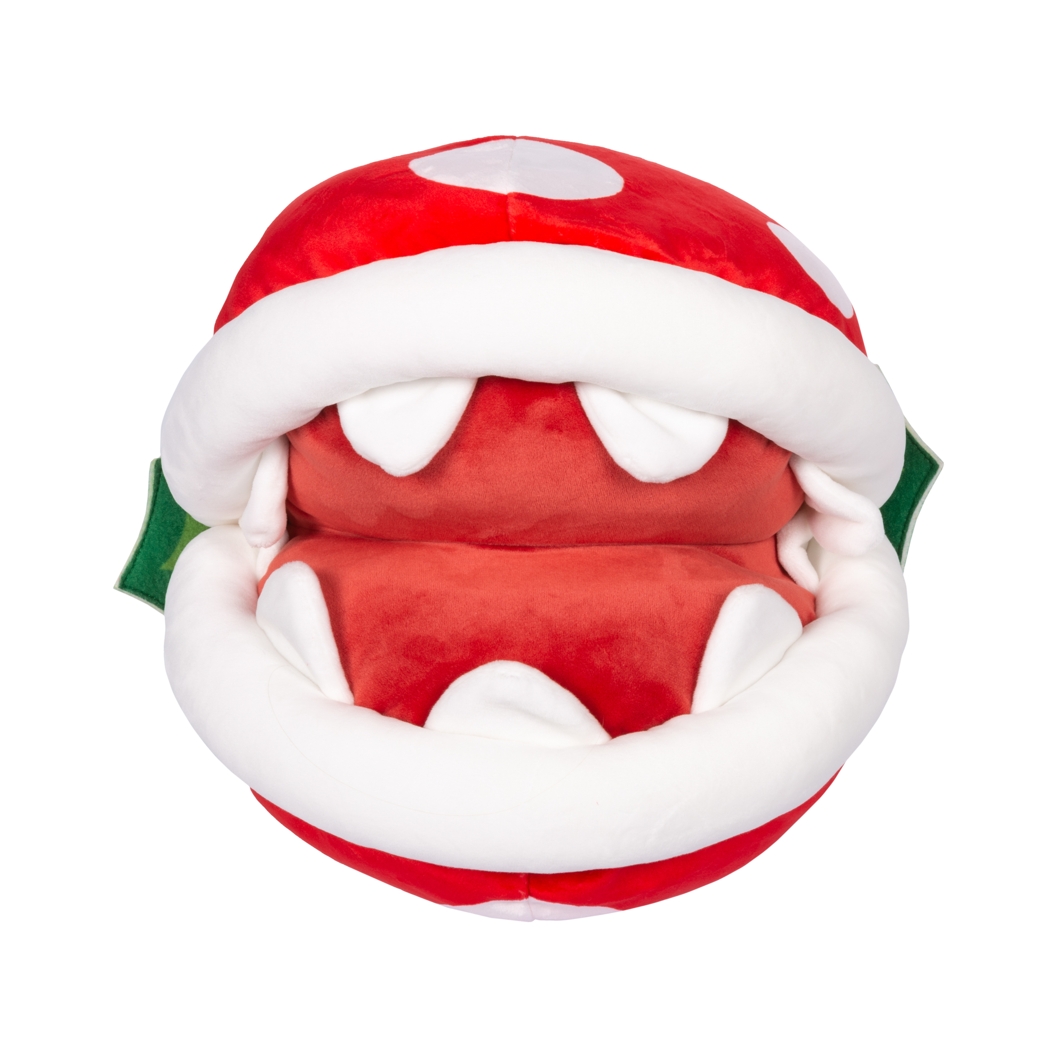 Pluszowa zabawka Super Mario Piranha Plant z otwartymi czerwonymi ustami i białymi zębami, na białym tle.