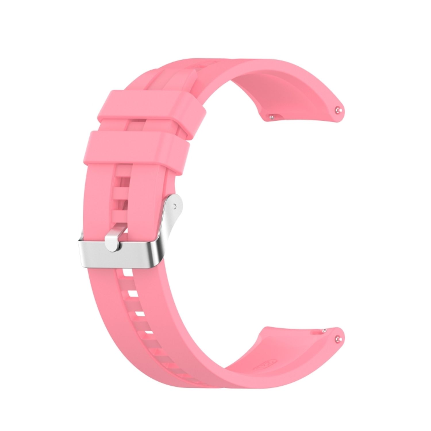 Ein rosa Uhrenarmband mit Metallverschluss, gebogen und isoliert auf weißem Hintergrund.