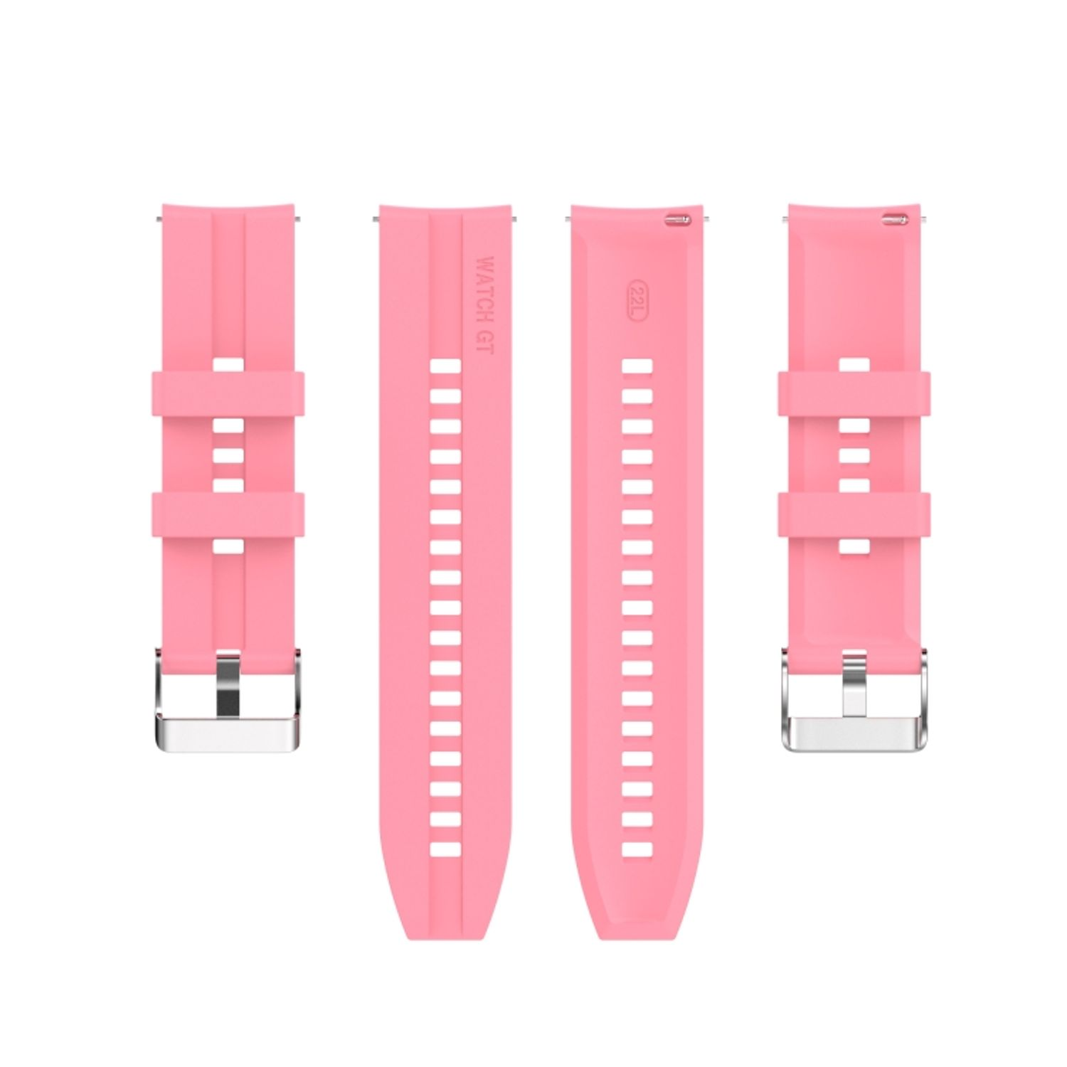 Rosa Uhrenarmbänder mit silbernen Schnallen auf weißem Hintergrund.