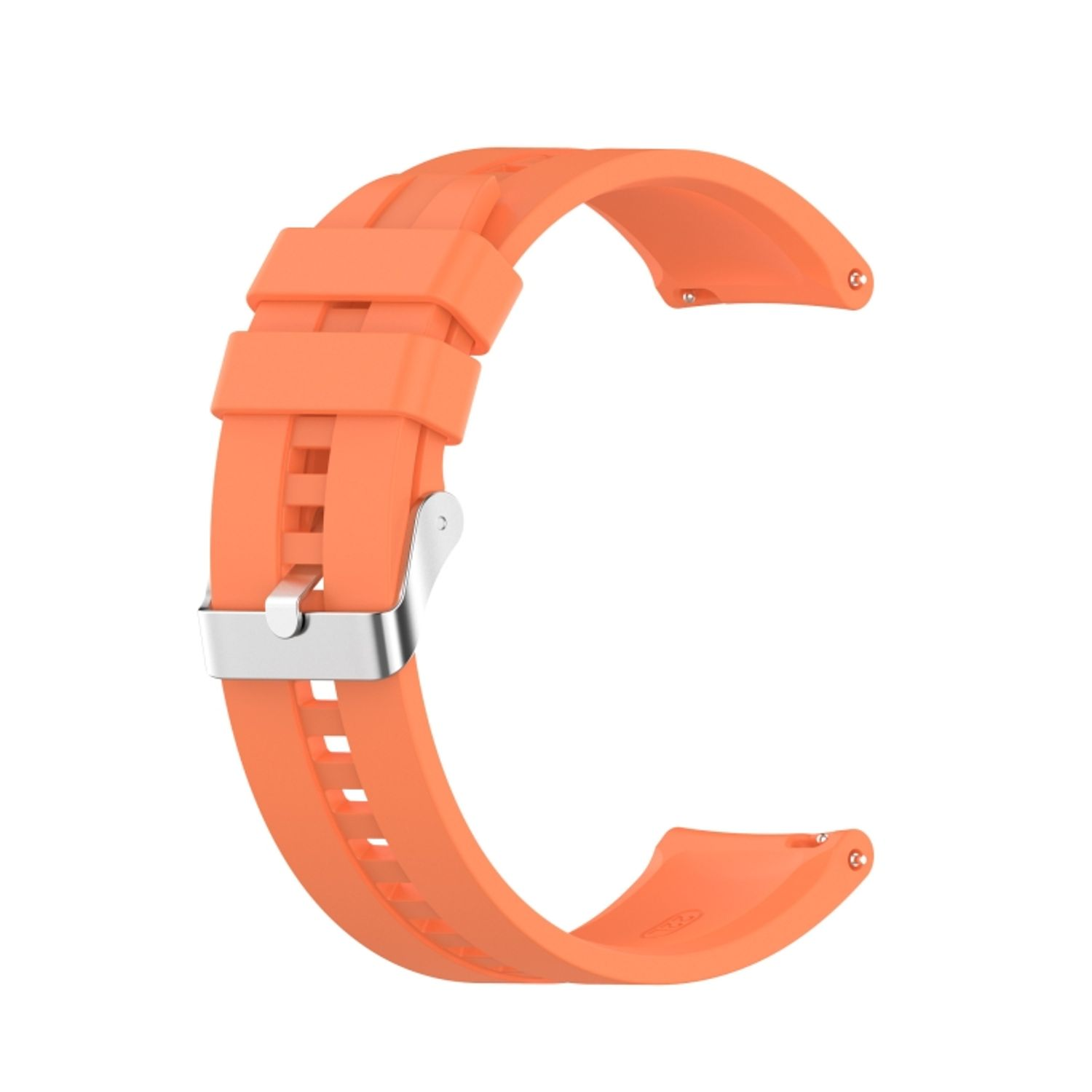 Ein orangefarbenes Uhrenarmband mit silberner Schnalle.