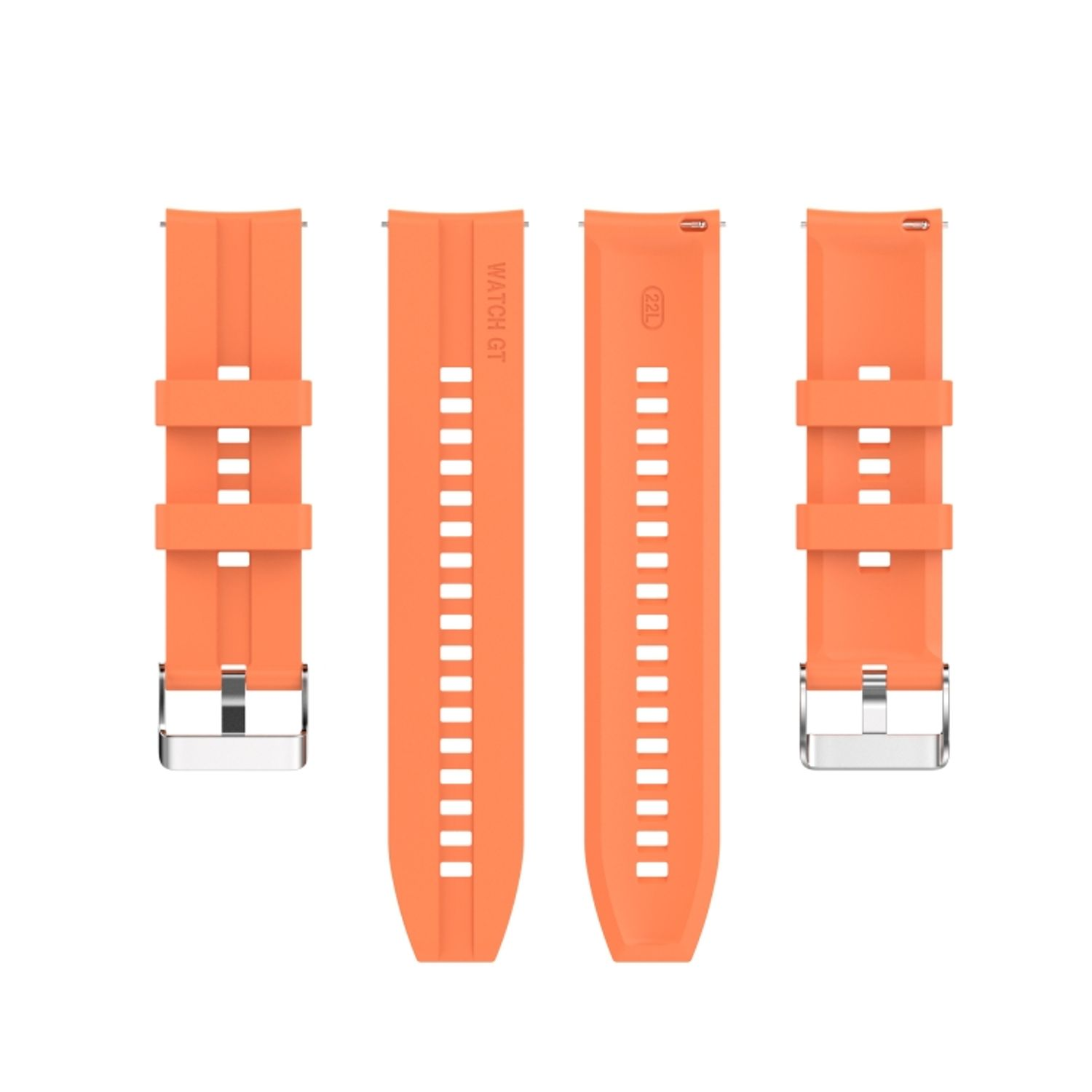 Orangene Uhrenarmbänder mit silbernen Schnallen, weißer Hintergrund.