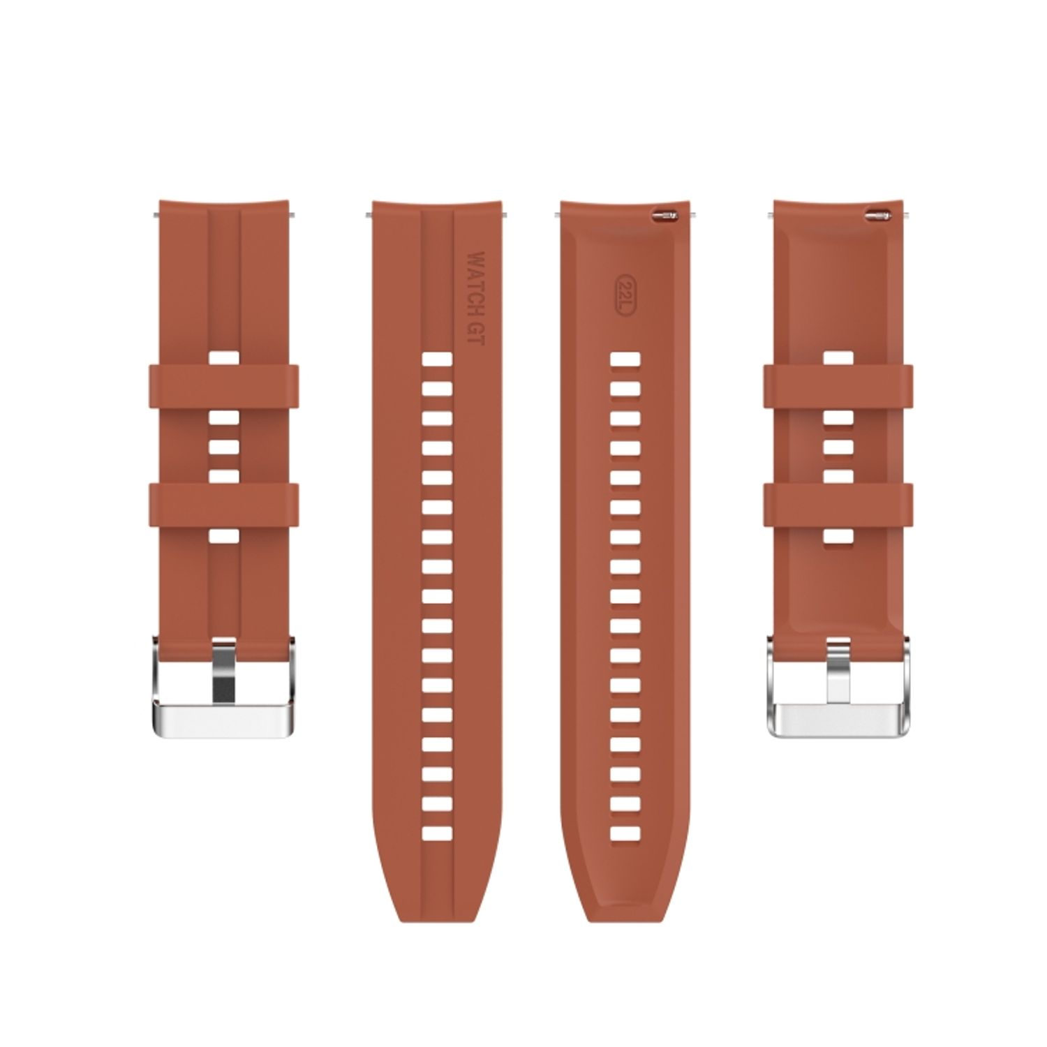 Zwei braune Uhrenarmbänder mit silbernen Schnallen, auf einer weißen Oberfläche ausgelegt.