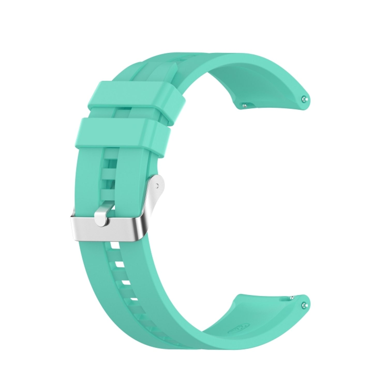 Ein mintgrünes Uhrenarmband mit silberner Schließe.