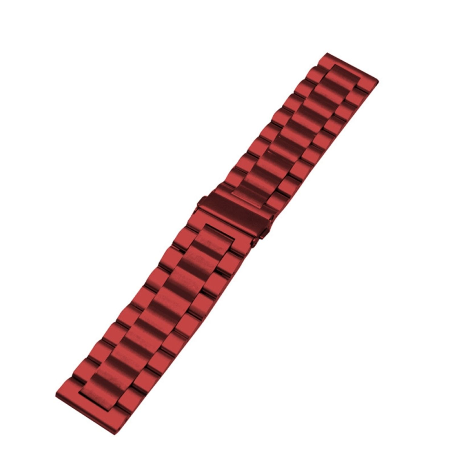 Rotes Armband mit metallischem Finish, auf weißer Oberfläche mit weißem Hintergrund.