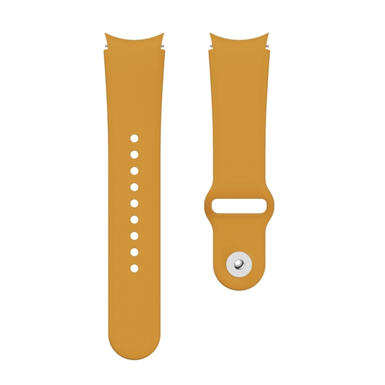 Gelbes Uhrenarmband mit Knopf und Löchern für die Schnalle, isoliert auf weißem Hintergrund.