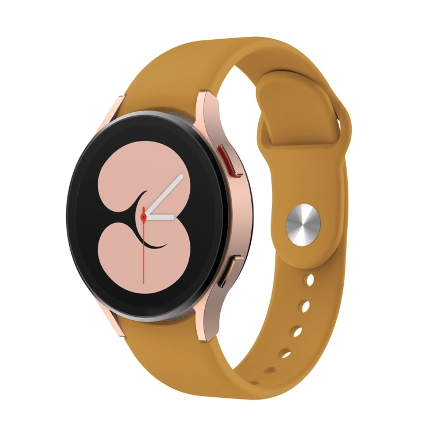 Eine goldene Smartwatch mit einem senfgelben Armband, abgewinkelte Ansicht.