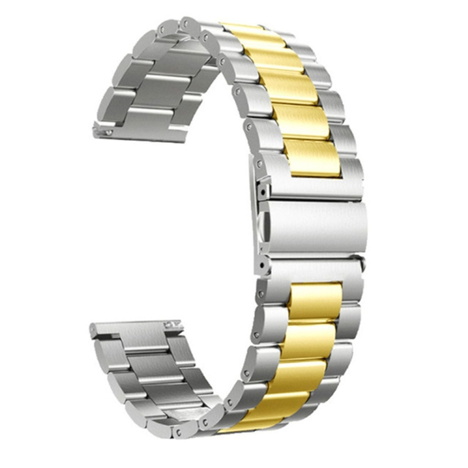 Silbernes und goldenes Uhrenarmband. Silberne Glieder mit goldenen Mittelgliedern. Weißer Hintergrund.