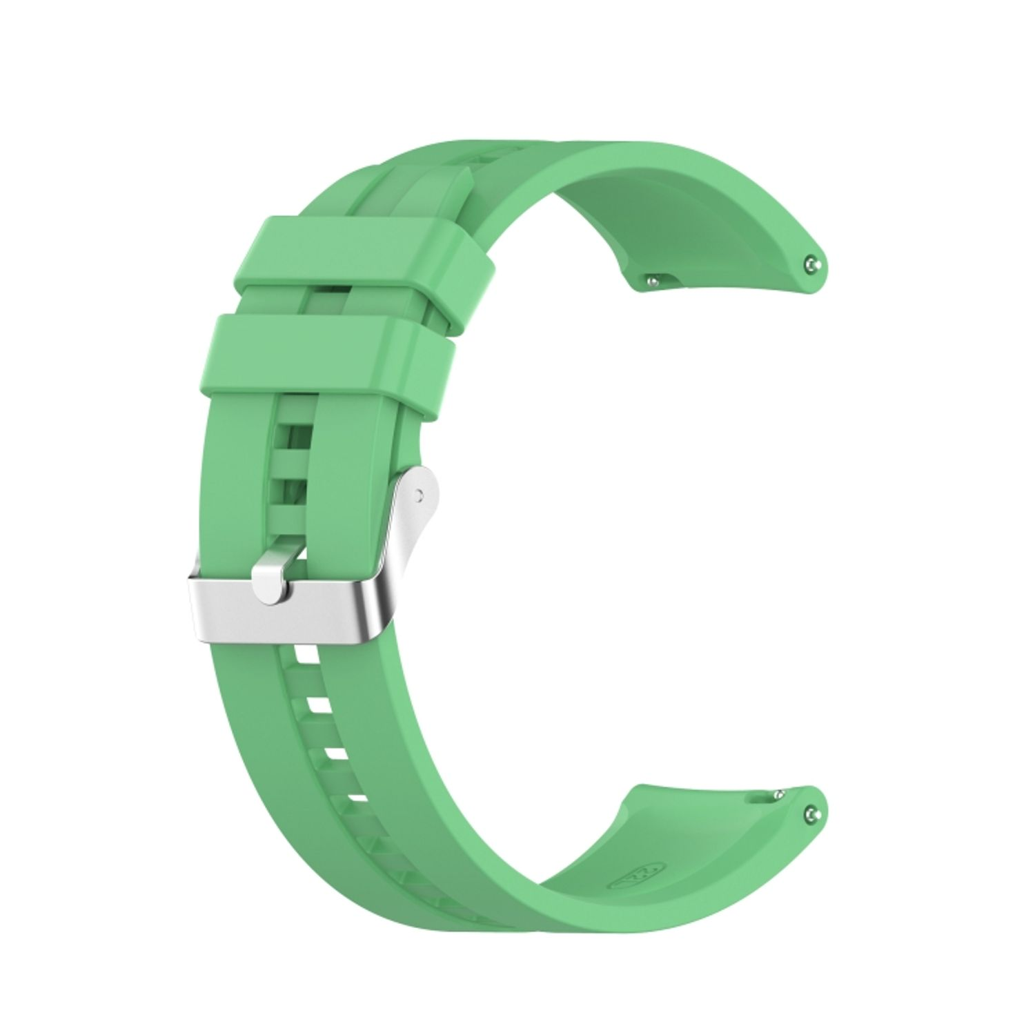 Hellgrünes Smartwatch-Armband mit silberner Schnalle. Das Armband hat eine geschwungene Form und eine strukturierte Oberfläche.