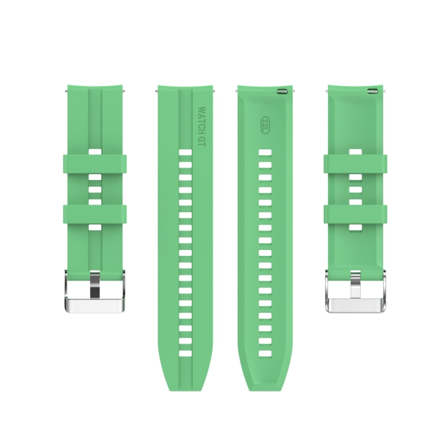 Grüne Uhrenarmbänder mit Metallschnallen. Vier Armbänder sind abgebildet.