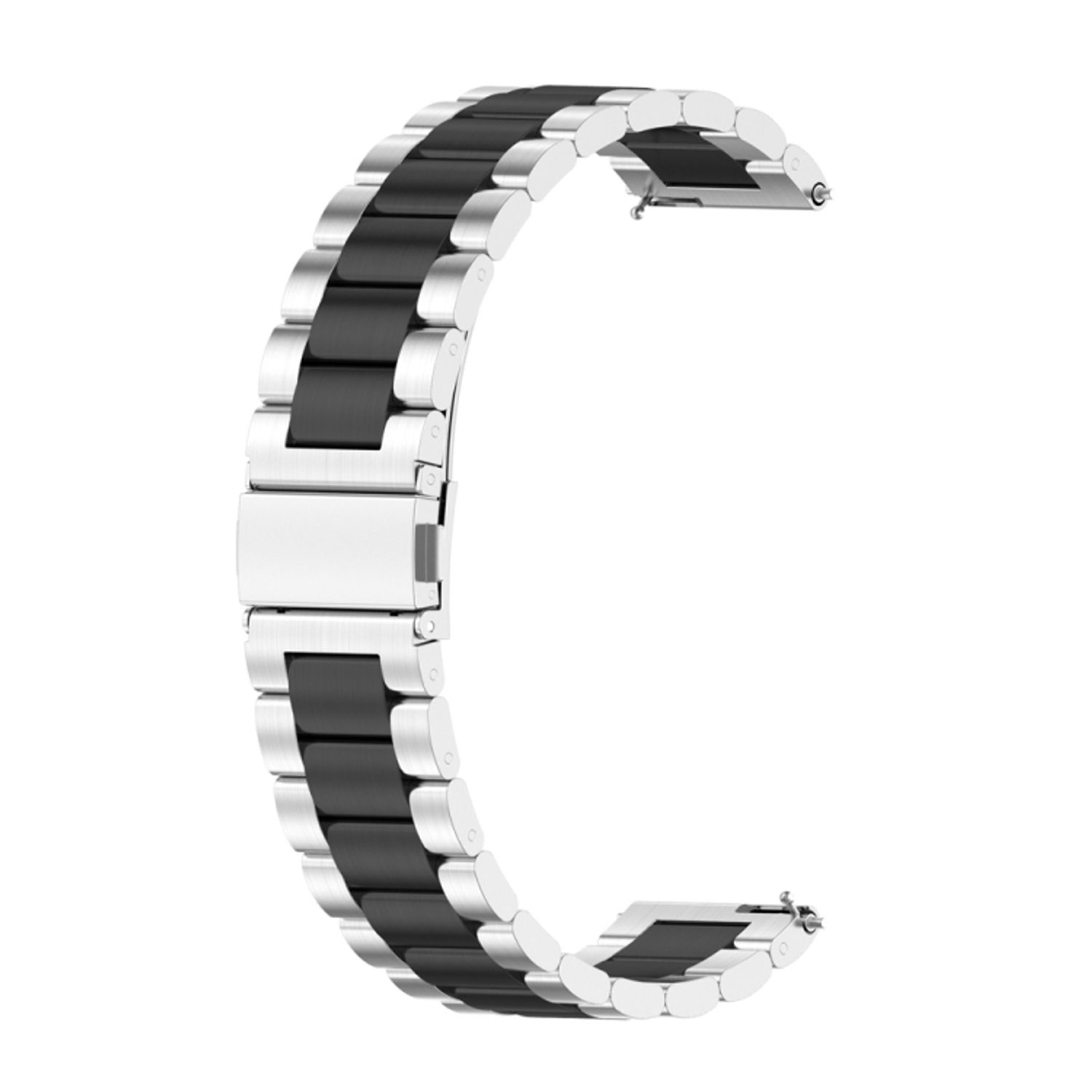 Uhrenarmband. Silberne und schwarze Glieder in gebogener Form. Hat einen Verschluss in der Mitte.