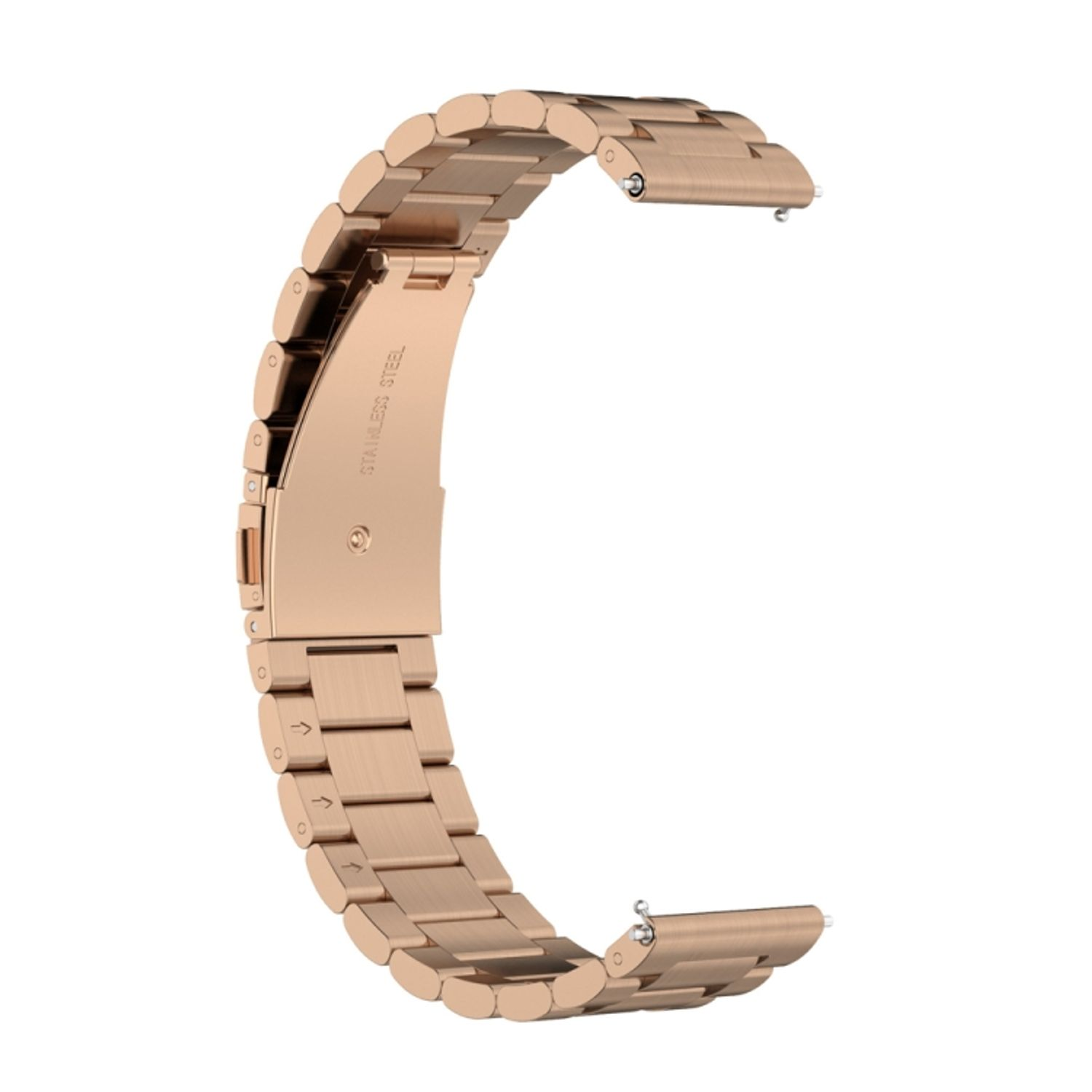 Roségoldenes Uhrenarmband aus verbundenen Metallteilen. Das Band hat eine C-Form.