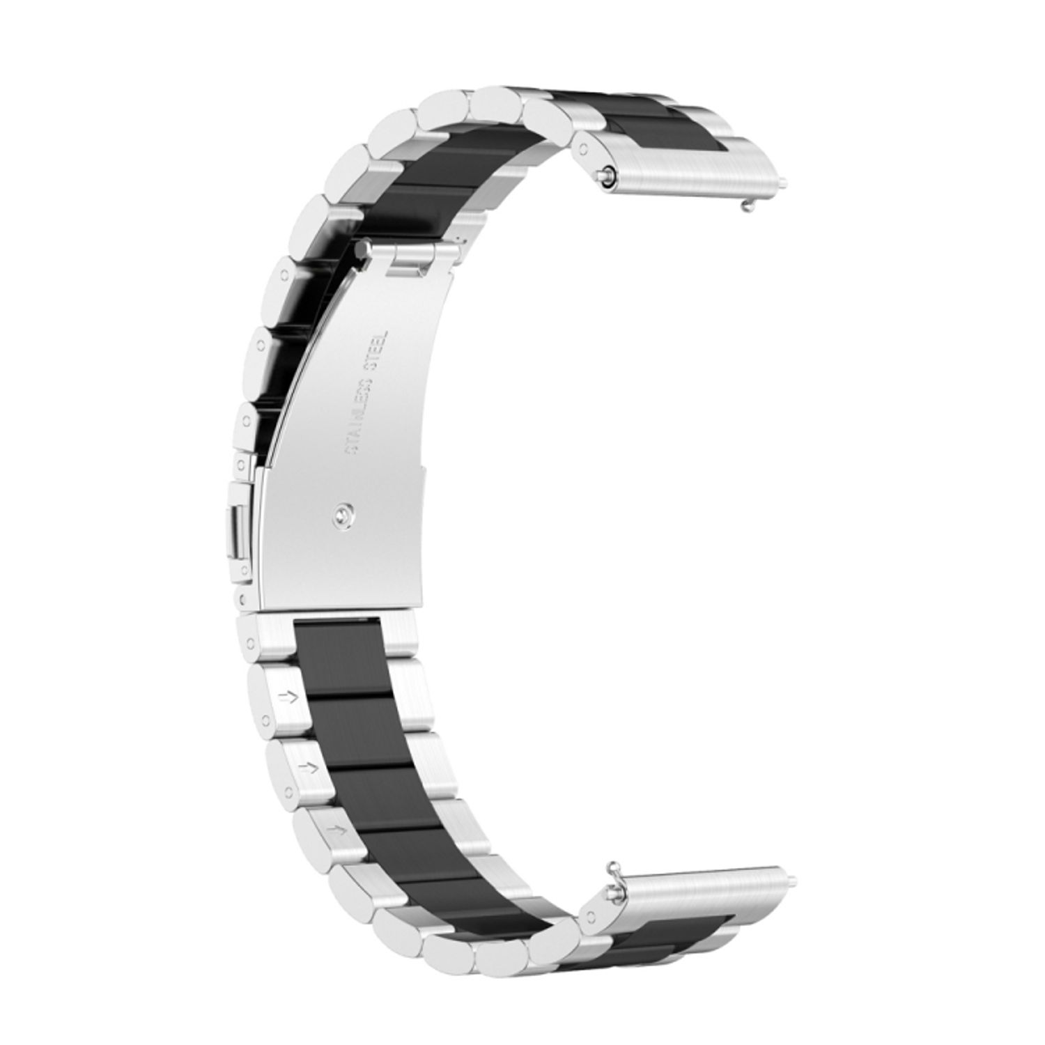 Silbernes und schwarzes Uhrenarmband. Es ist gebogen und hat einen Edelstahlteil.