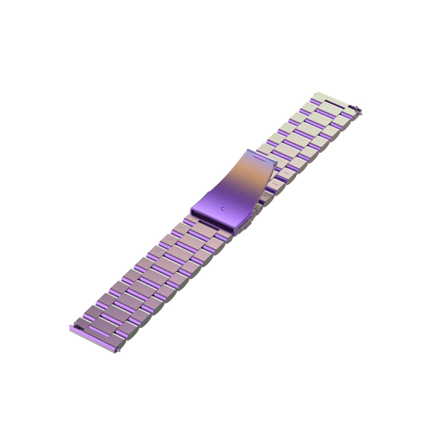 Ein lila Metallarmband liegt auf Weiß. Es hat viele verbundene Glieder mit einem Verschluss.