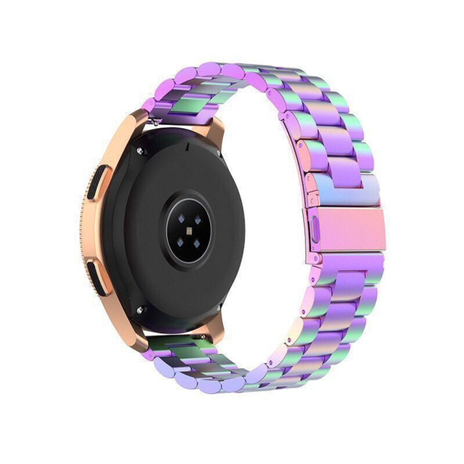 Eine Uhr am Handgelenk. Das Armband schimmert mit Lila- und Grüntönen. Die Uhr ist golden.