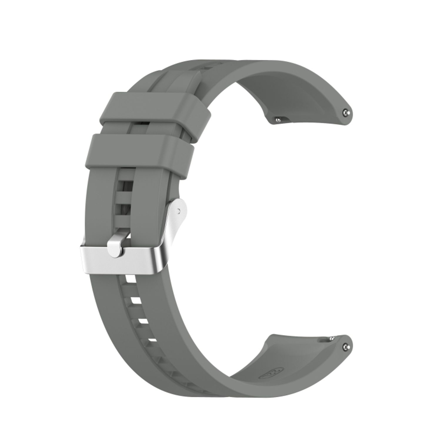 Graues Uhrenarmband in C-Form. Es hat eine silberne Schnalle und ist für eine Smartwatch konzipiert.