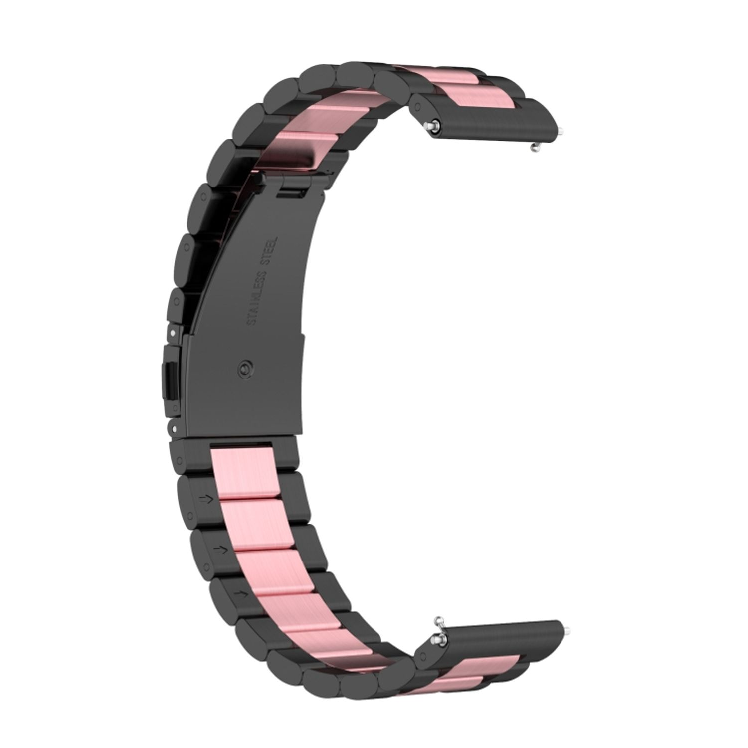 Uhrenarmband aus schwarzem Edelstahl mit pinkfarbenen Akzenten. C-Form.