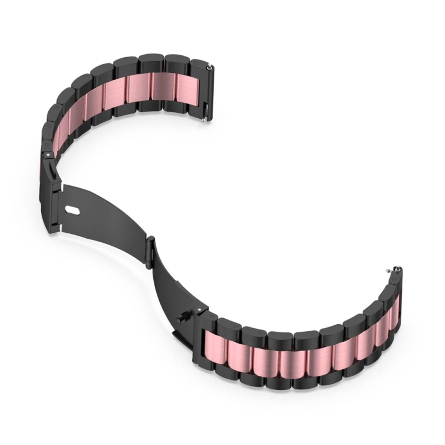 Schwarzes und roségoldenes Uhrenarmband, gebogene Form, mit offenem Verschluss.