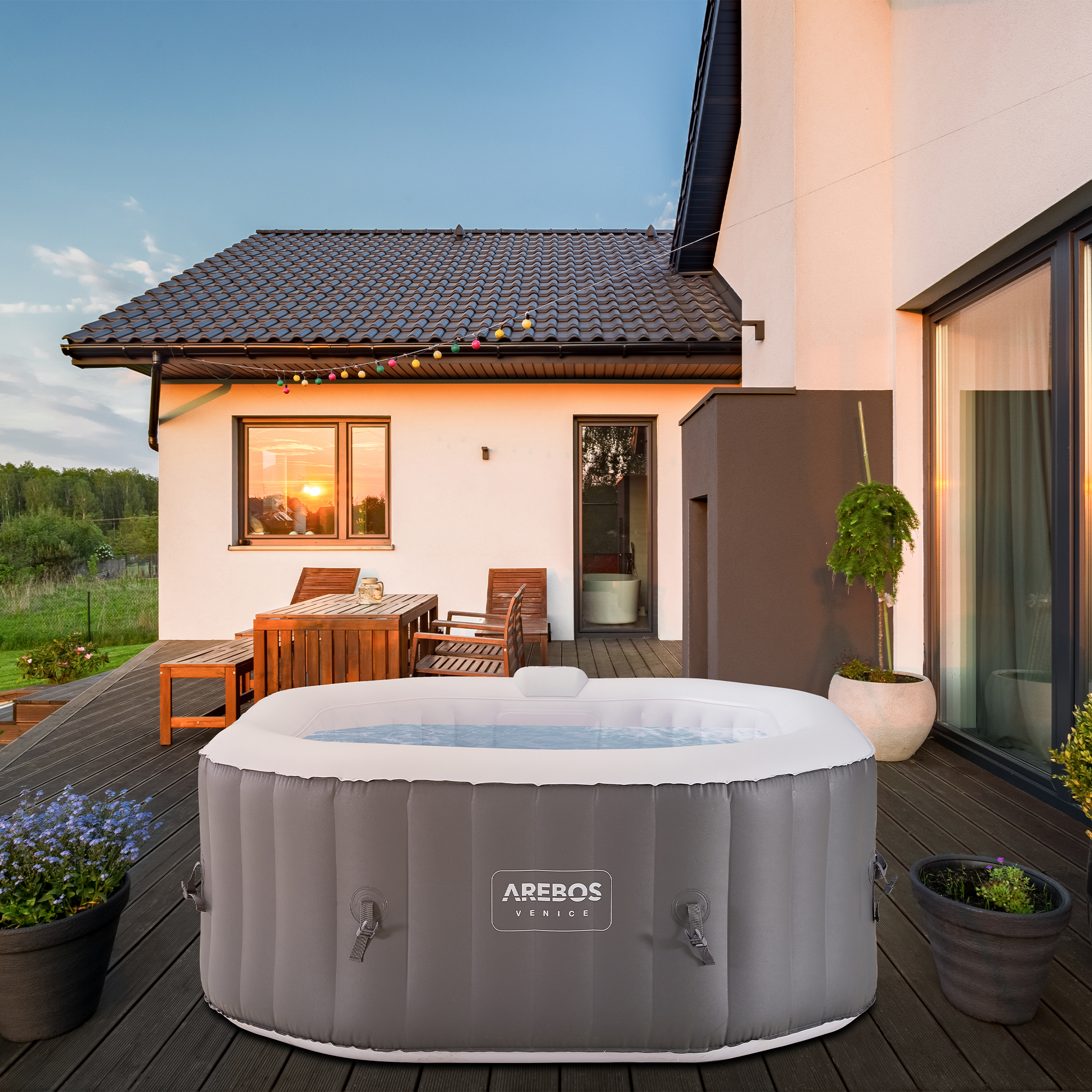 Pool 4 cm, In-Outdoor AREBOS mit 154x154 für 2400W Massage Spa oktogonal aufblasbar ca. Whirlpool LED Anthrazit Personen