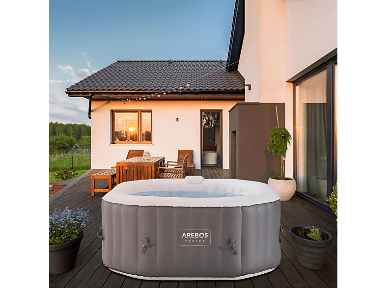 AREBOS aufblasbar mit LED  für ca. 4 Personen In-Outdoor Whirlpool 2400W Spa Pool  Massage oktogonal 154x154 cm, Anthrazit