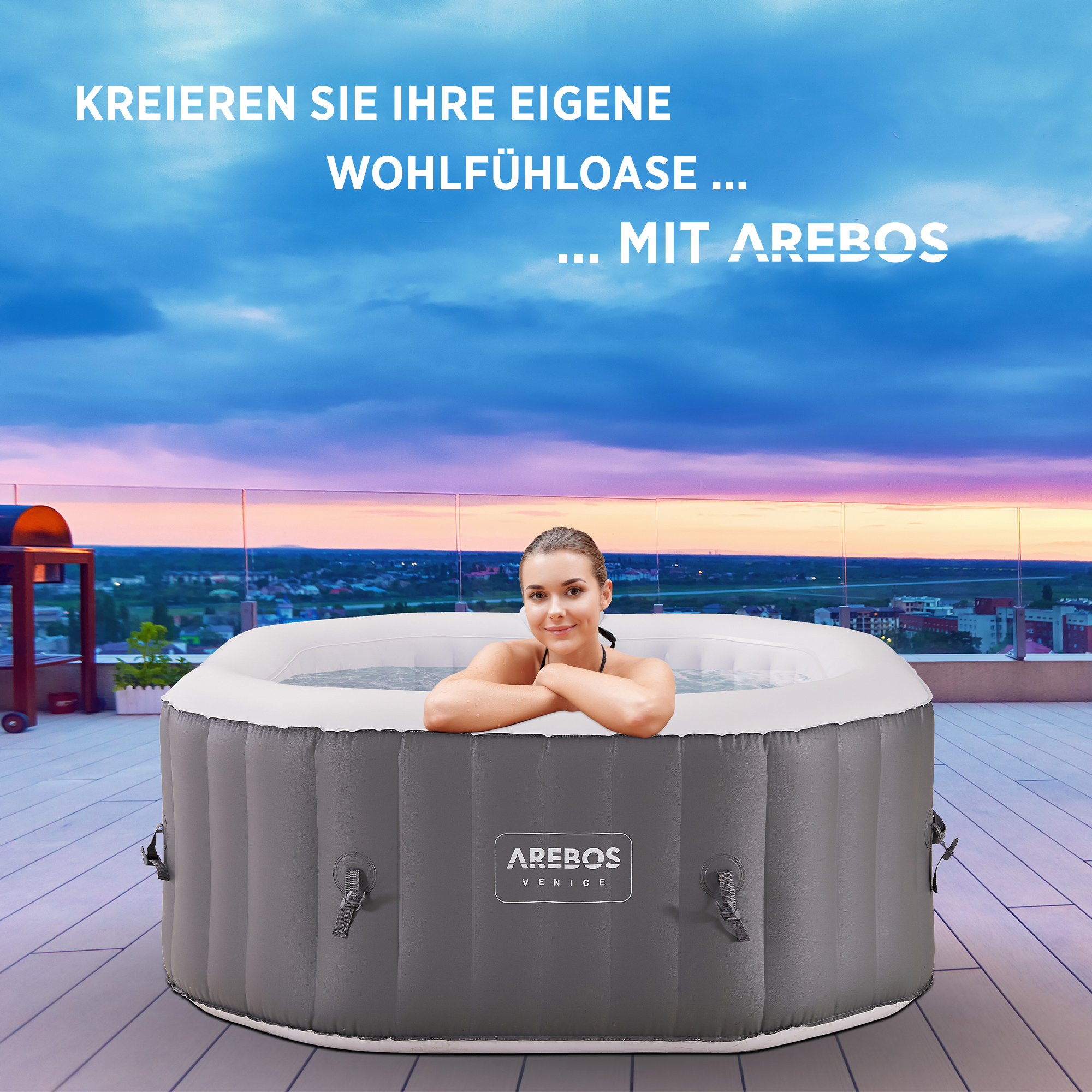 Pool 4 cm, In-Outdoor AREBOS mit 154x154 für 2400W Massage Spa oktogonal aufblasbar ca. Whirlpool LED Anthrazit Personen