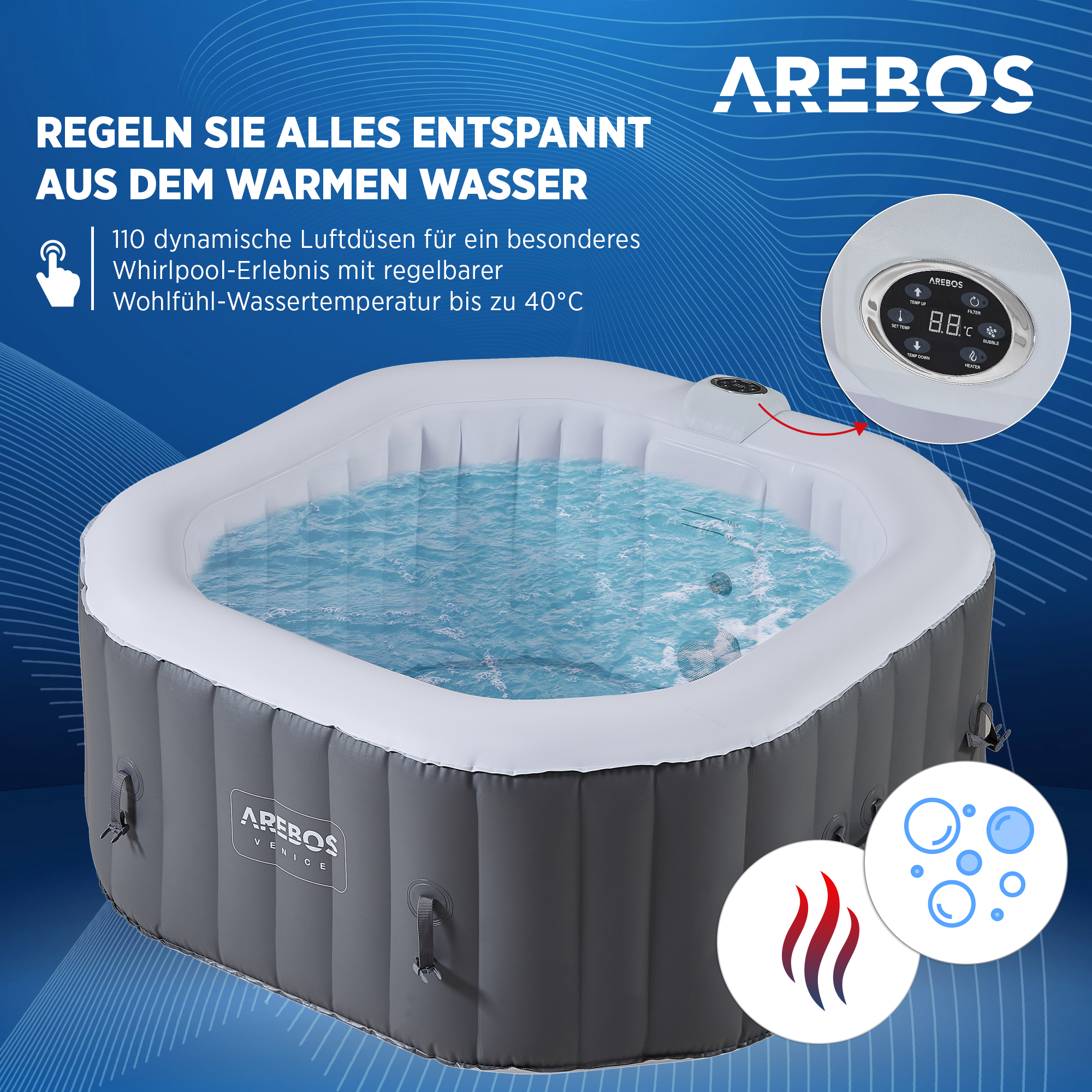 Pool 4 cm, In-Outdoor AREBOS mit 154x154 für 2400W Massage Spa oktogonal aufblasbar ca. Whirlpool LED Anthrazit Personen