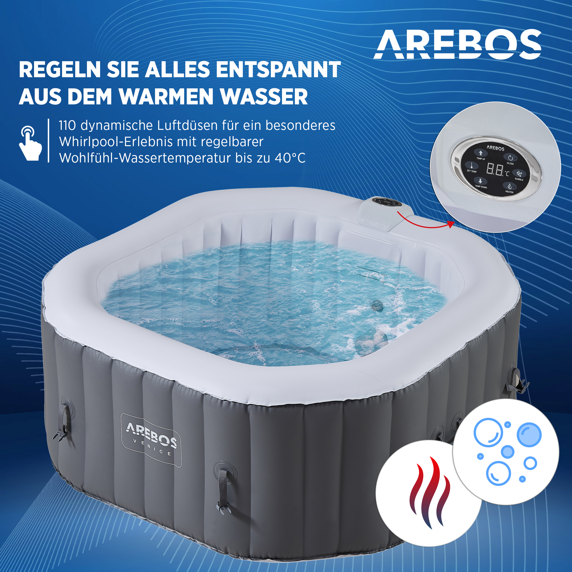 Massage LED 2400W Anthrazit Whirlpool oktogonal 154x154 Pool AREBOS Personen 4 für ca. mit cm, In-Outdoor aufblasbar Spa