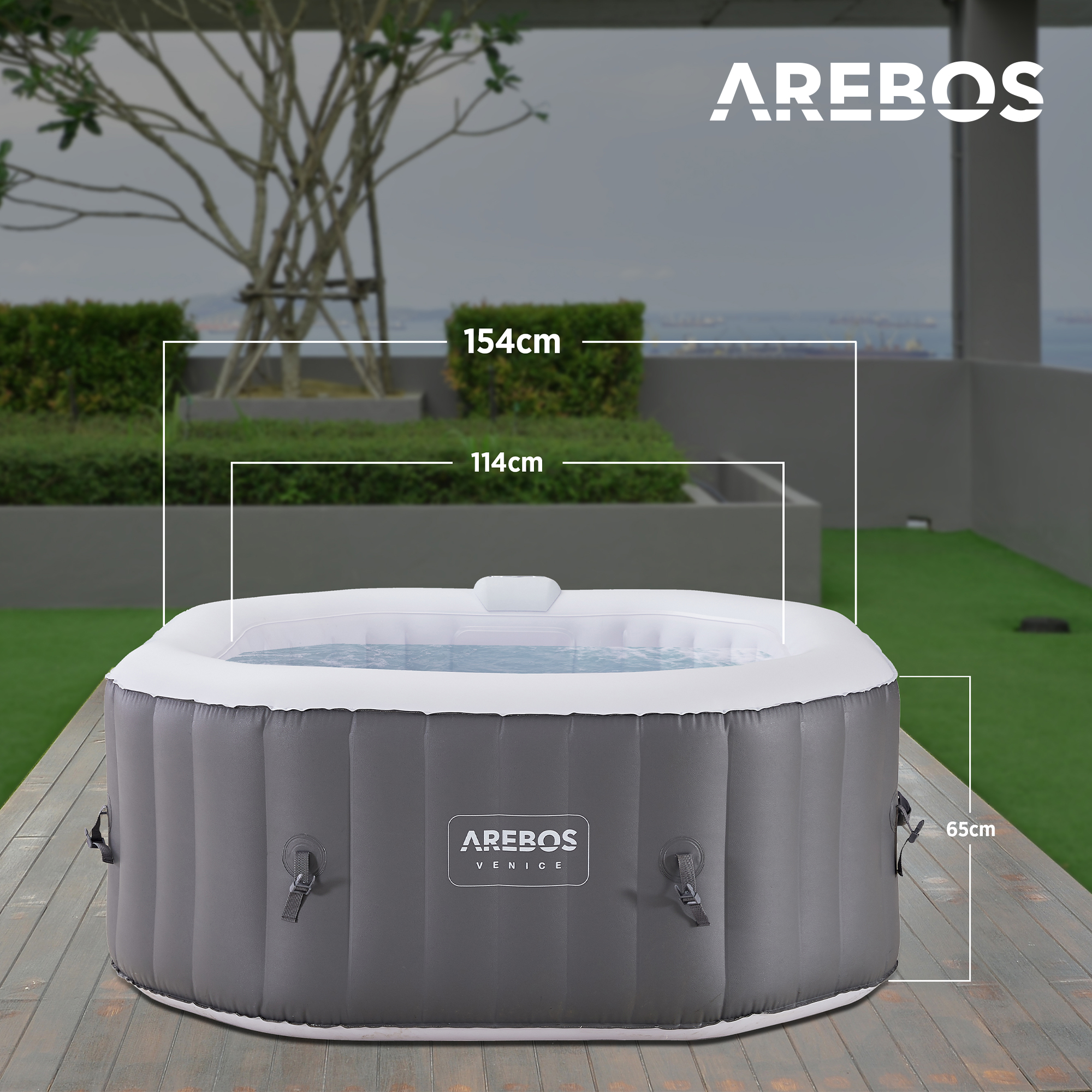 Massage LED 2400W Anthrazit Whirlpool oktogonal 154x154 Pool AREBOS Personen 4 für ca. mit cm, In-Outdoor aufblasbar Spa