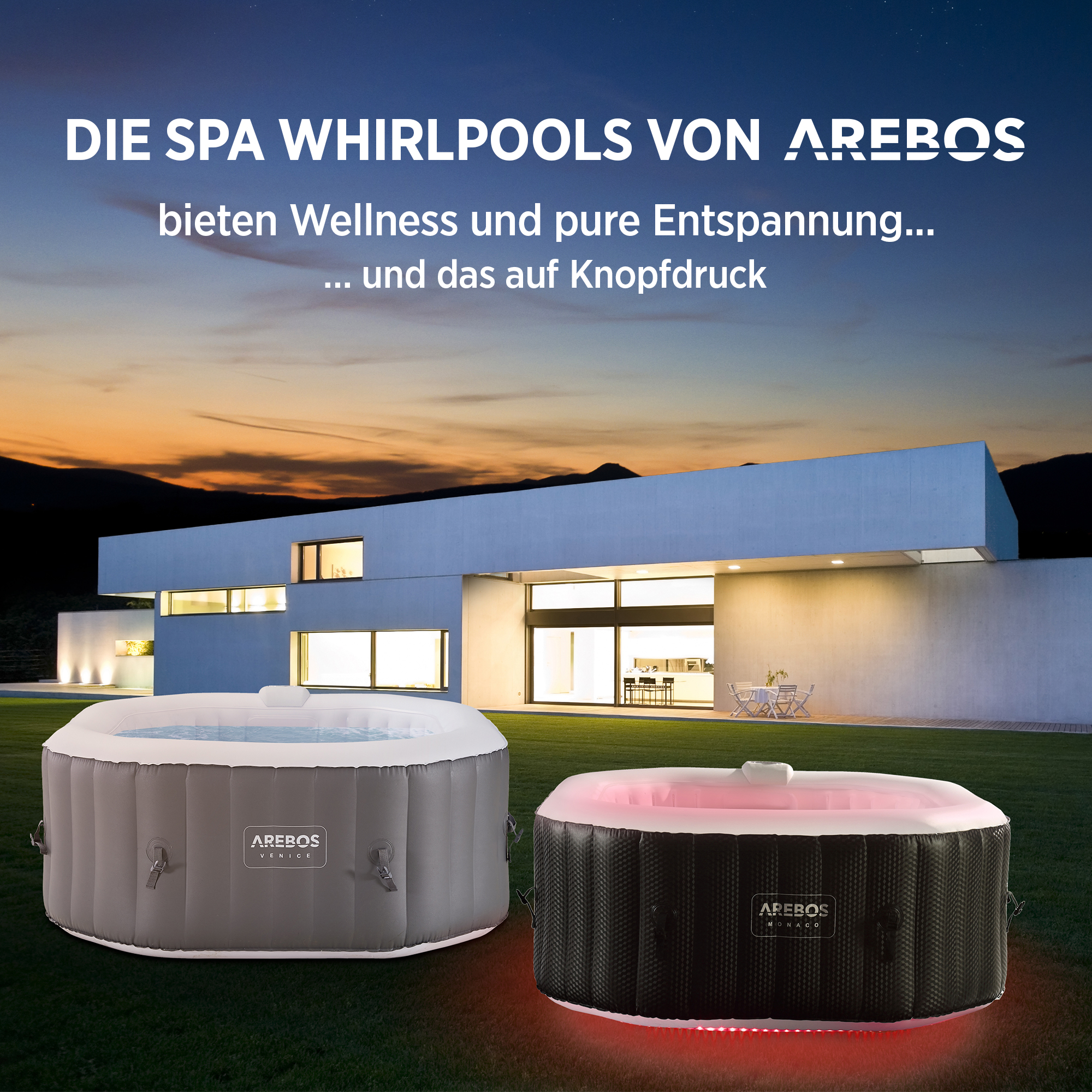 In-Outdoor Massage 2400 Schwarz oktogonal Personen Whirlpool LED W, 4 mit AREBOS