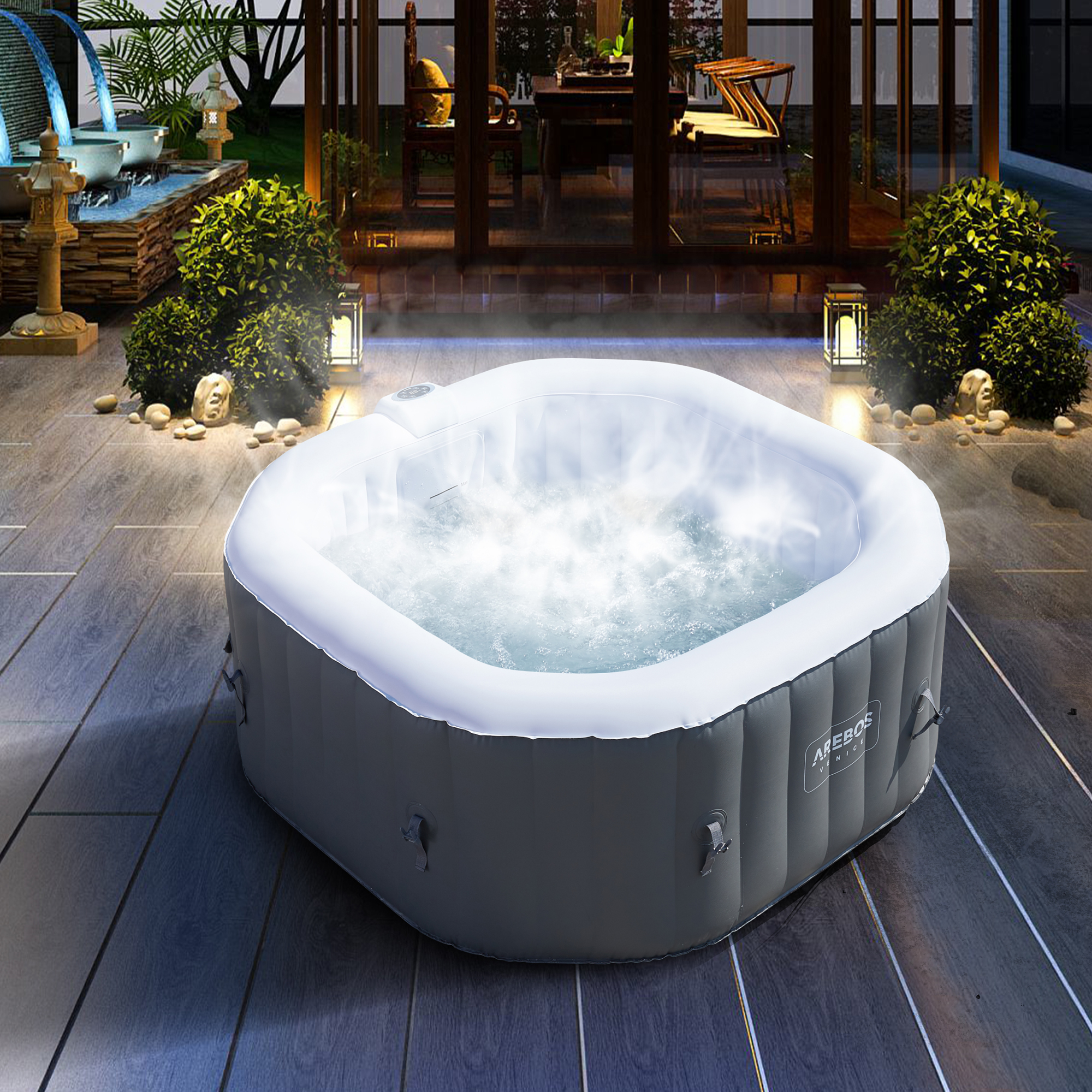 Pool 4 cm, In-Outdoor AREBOS mit 154x154 für 2400W Massage Spa oktogonal aufblasbar ca. Whirlpool LED Anthrazit Personen