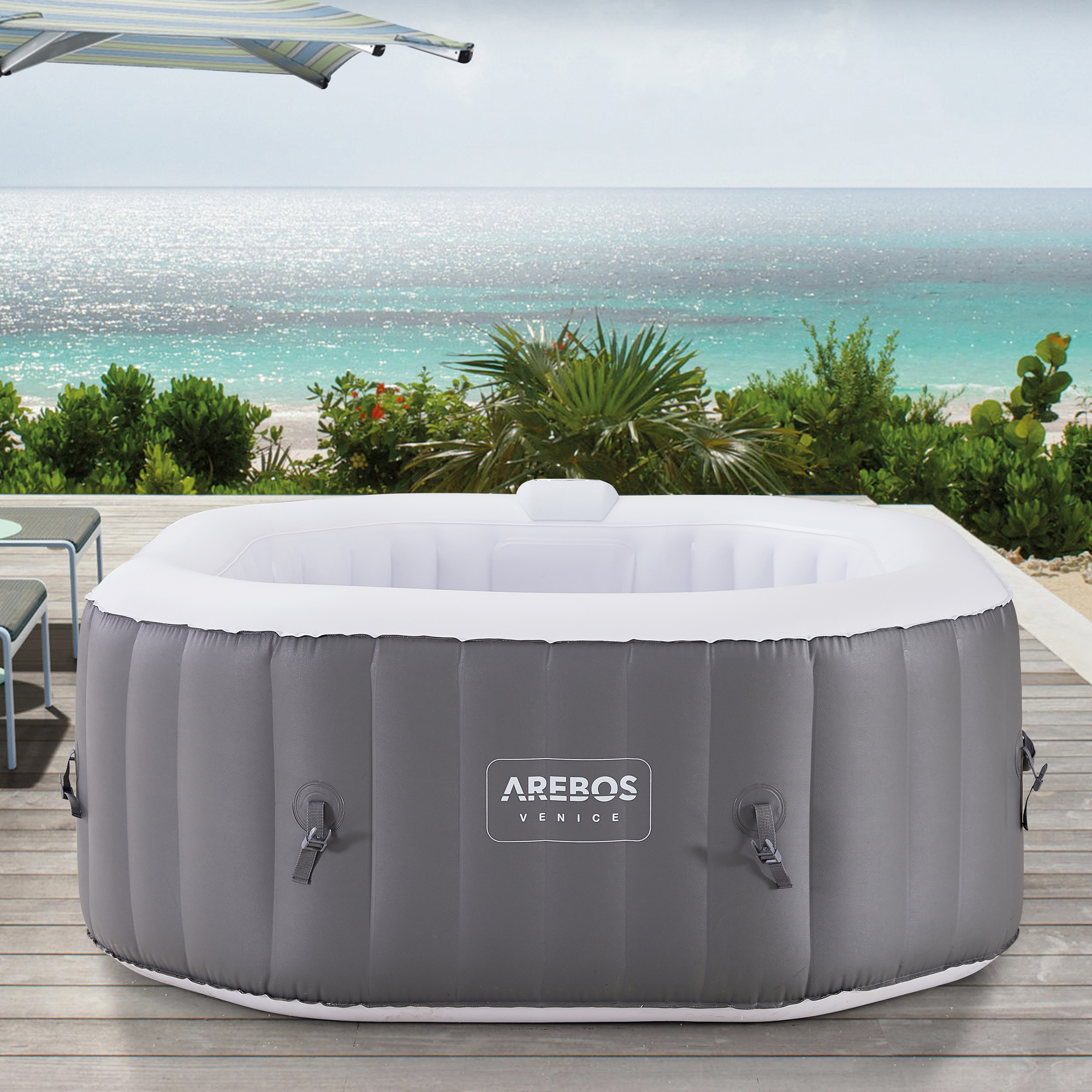 Pool 4 cm, In-Outdoor AREBOS mit 154x154 für 2400W Massage Spa oktogonal aufblasbar ca. Whirlpool LED Anthrazit Personen