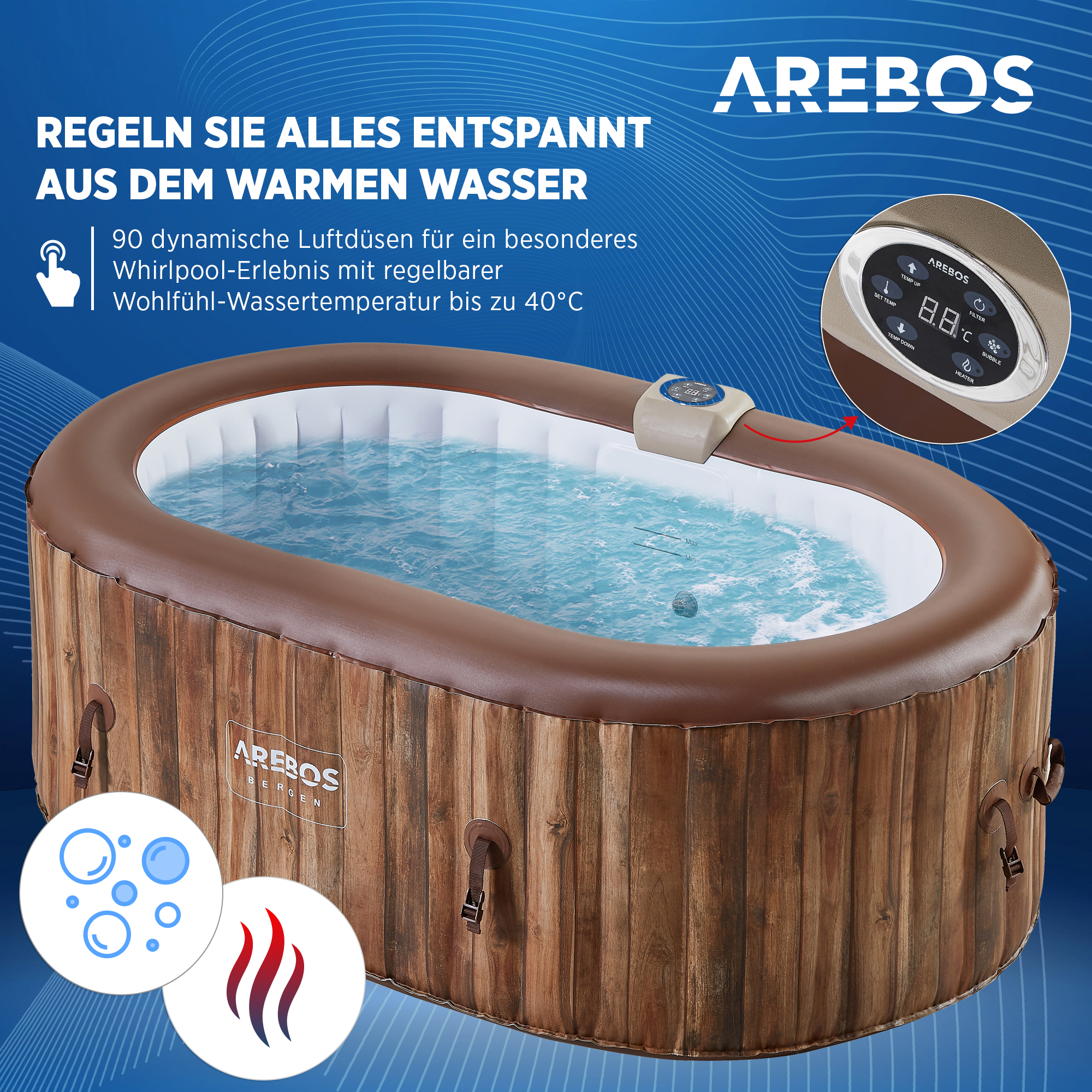 Ein brauner Whirlpool mit blauem Innenraum, mit Bedienfeld am Rand.