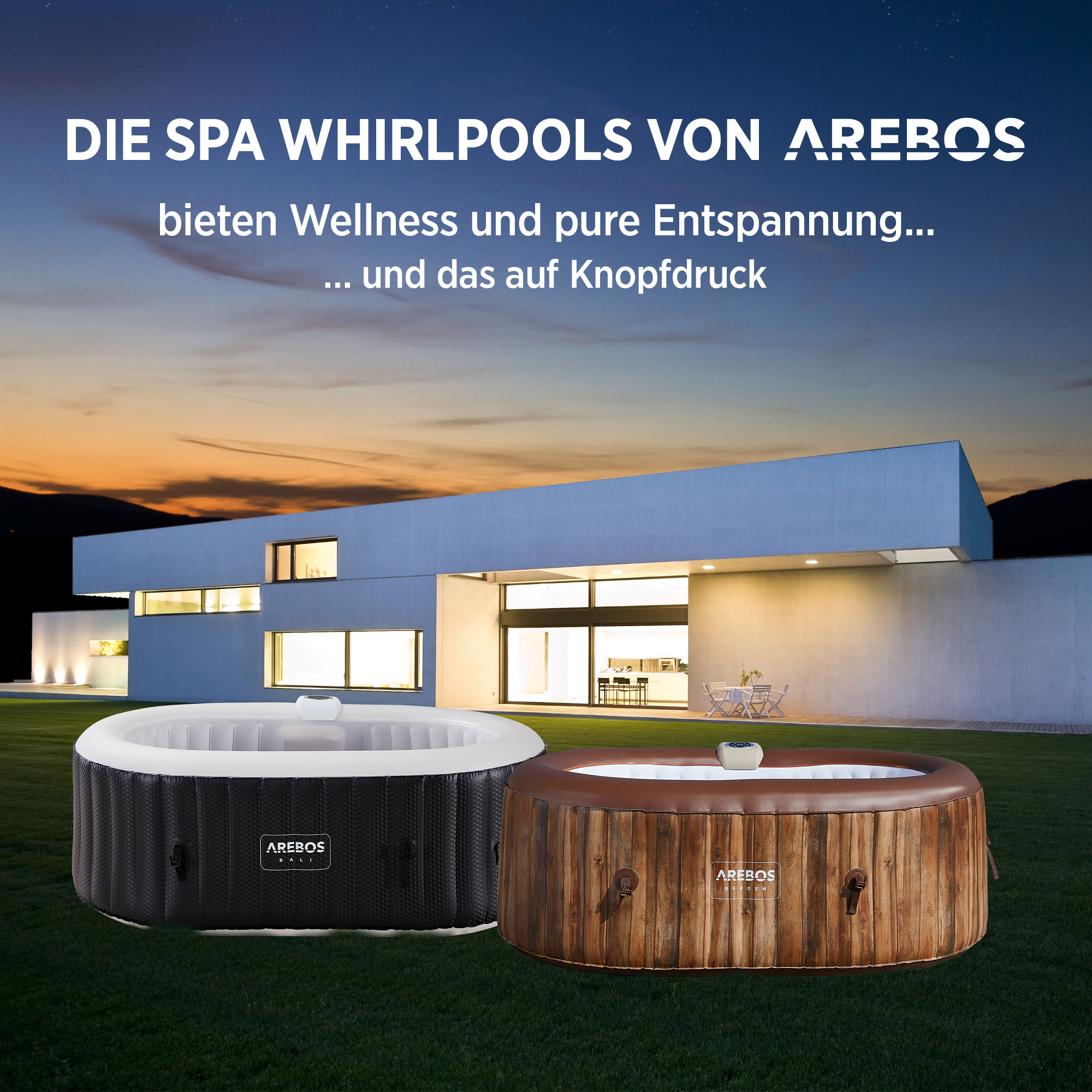 Zwei Whirlpools auf Gras vor einem modernen Haus unter einem Sonnenuntergangshimmel. Text: DIE SPA WHIRLPOOLS VON AREBOS.