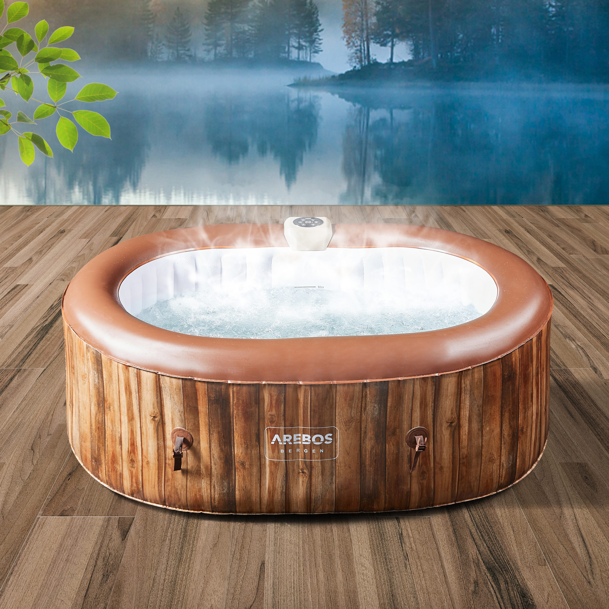 Ein brauner Whirlpool aus Holz mit weißem Innenraum, im Freien mit nebligem See im Hintergrund.