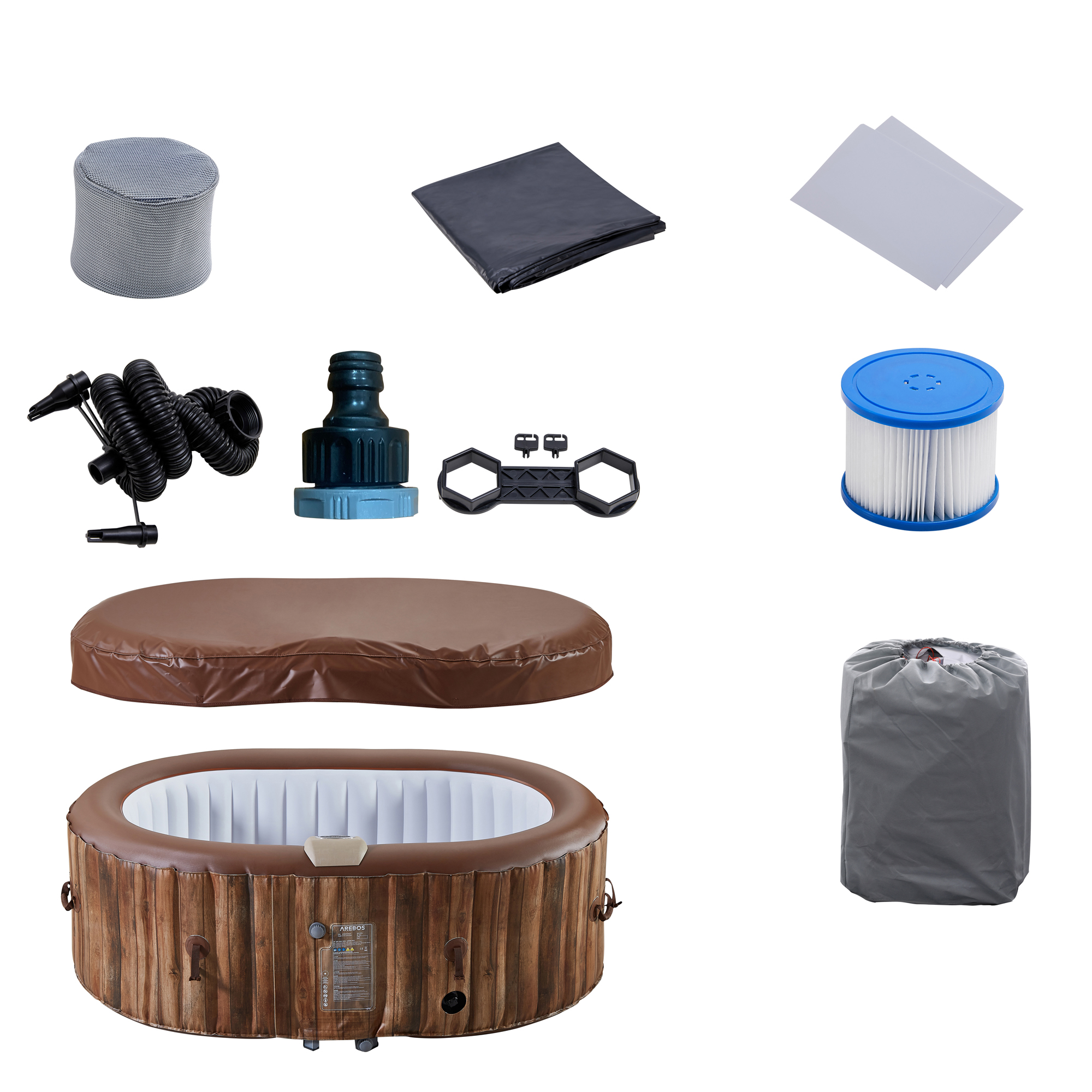 Verschiedenes Zubehör für einen Whirlpool, darunter eine Abdeckung, ein Filter und aufblasbare Teile.