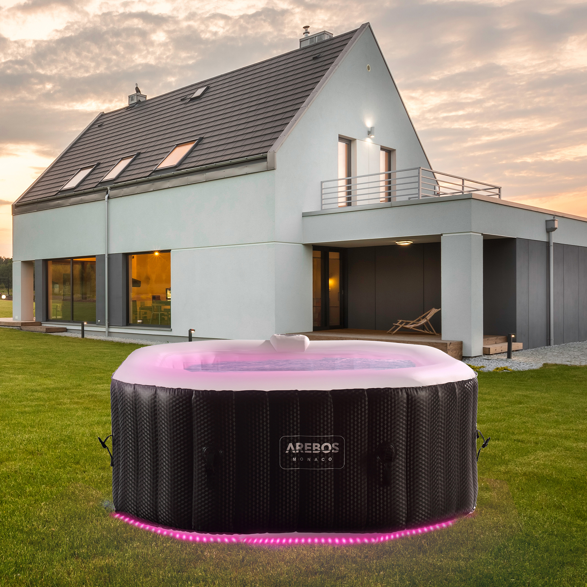 W, mit AREBOS 4 Massage Personen In-Outdoor 2400 Whirlpool oktogonal Schwarz LED