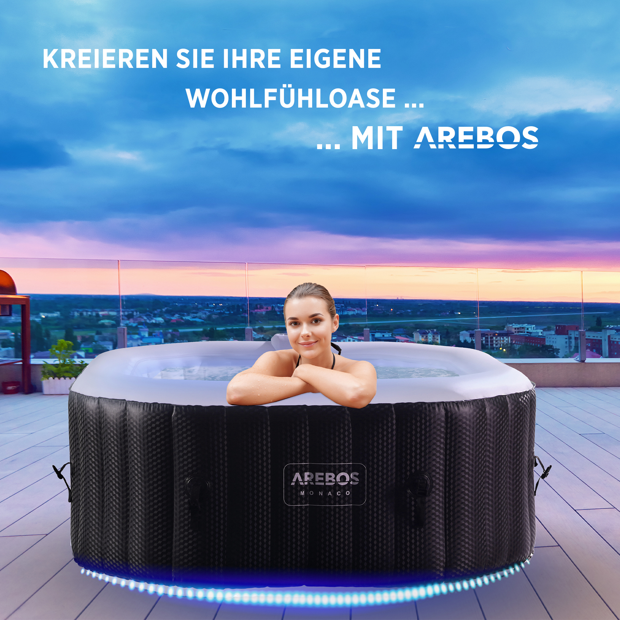 mit 4 LED 2400 In-Outdoor AREBOS Schwarz Whirlpool Personen Massage oktogonal W,