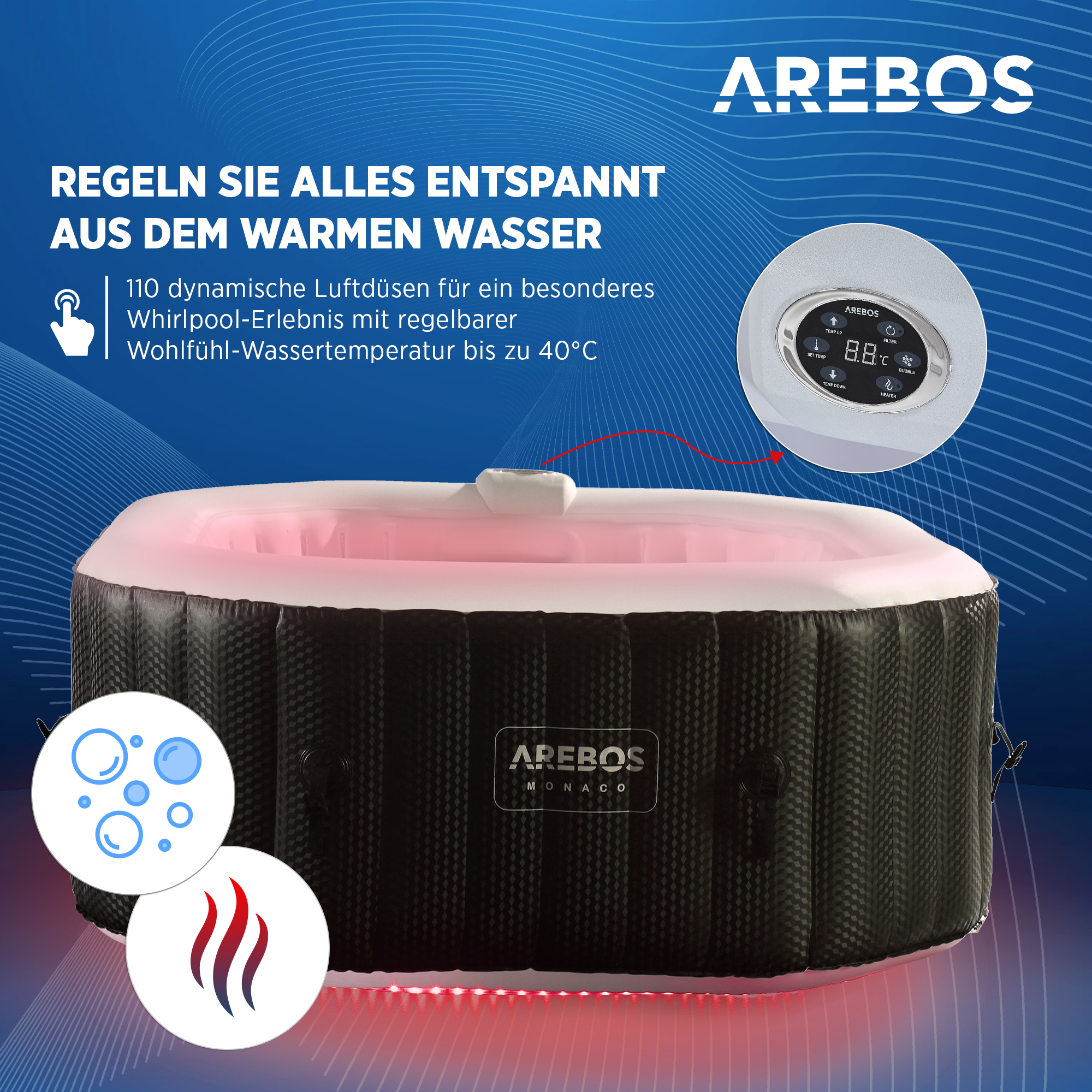 W, mit AREBOS 4 Massage Personen In-Outdoor 2400 Whirlpool oktogonal Schwarz LED